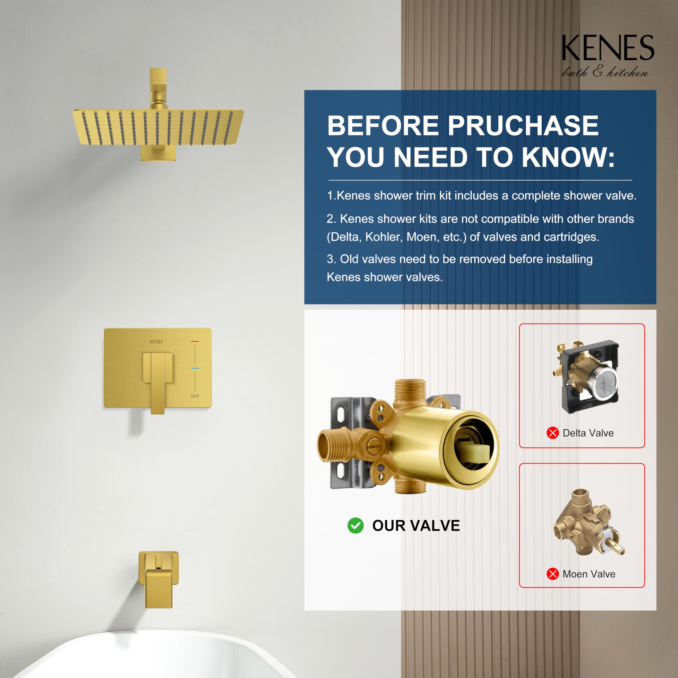KENES Brushed Nickel 10-Inch Shower Head and Handle Set, Square Shower Faucet Set Bathroom Rainfall Shower System Wall Mount, KE-6024B (Shower Valve Included)