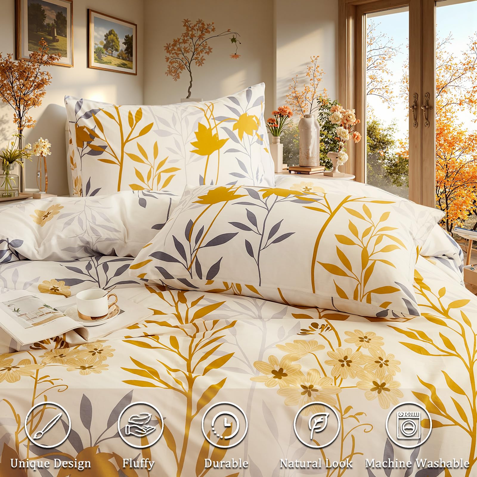 100% Natural Cotton Comforter Set Queen 3 Pcs Grayish Blue Bedding Sets with Luxurious Damask Pattern, Reversible Breathable Soft Comforter Sets for All Season