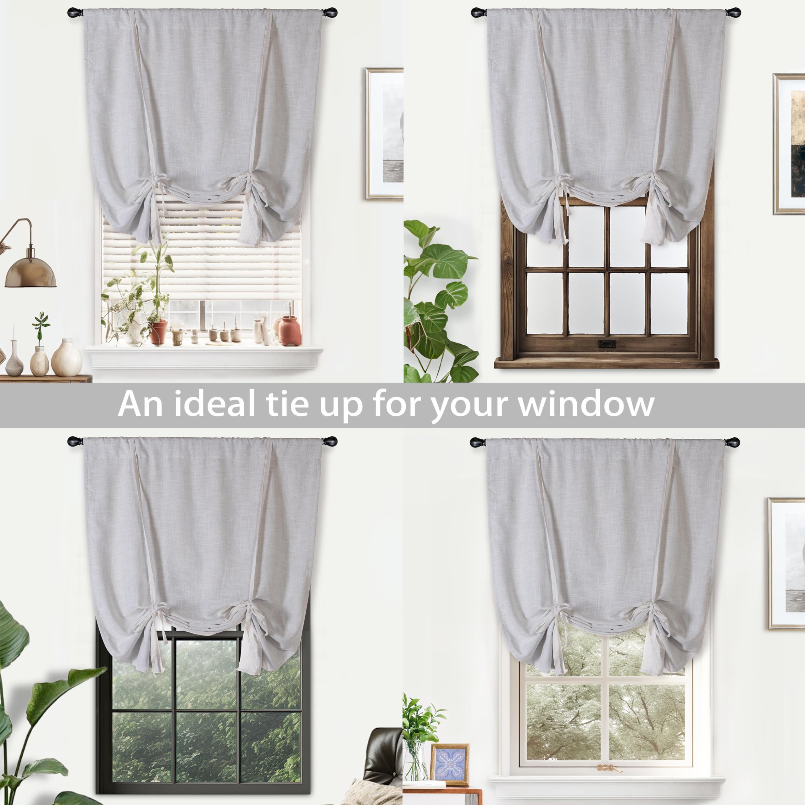 DriftAway Double Layer Linen Blackout Tie Up Curtains Thermal Insulated Fully Lined Balloon Roman Shade Bathroom Window Adjustable Rod Pocket for Small Window 25 Inch by 47 Inch Beige