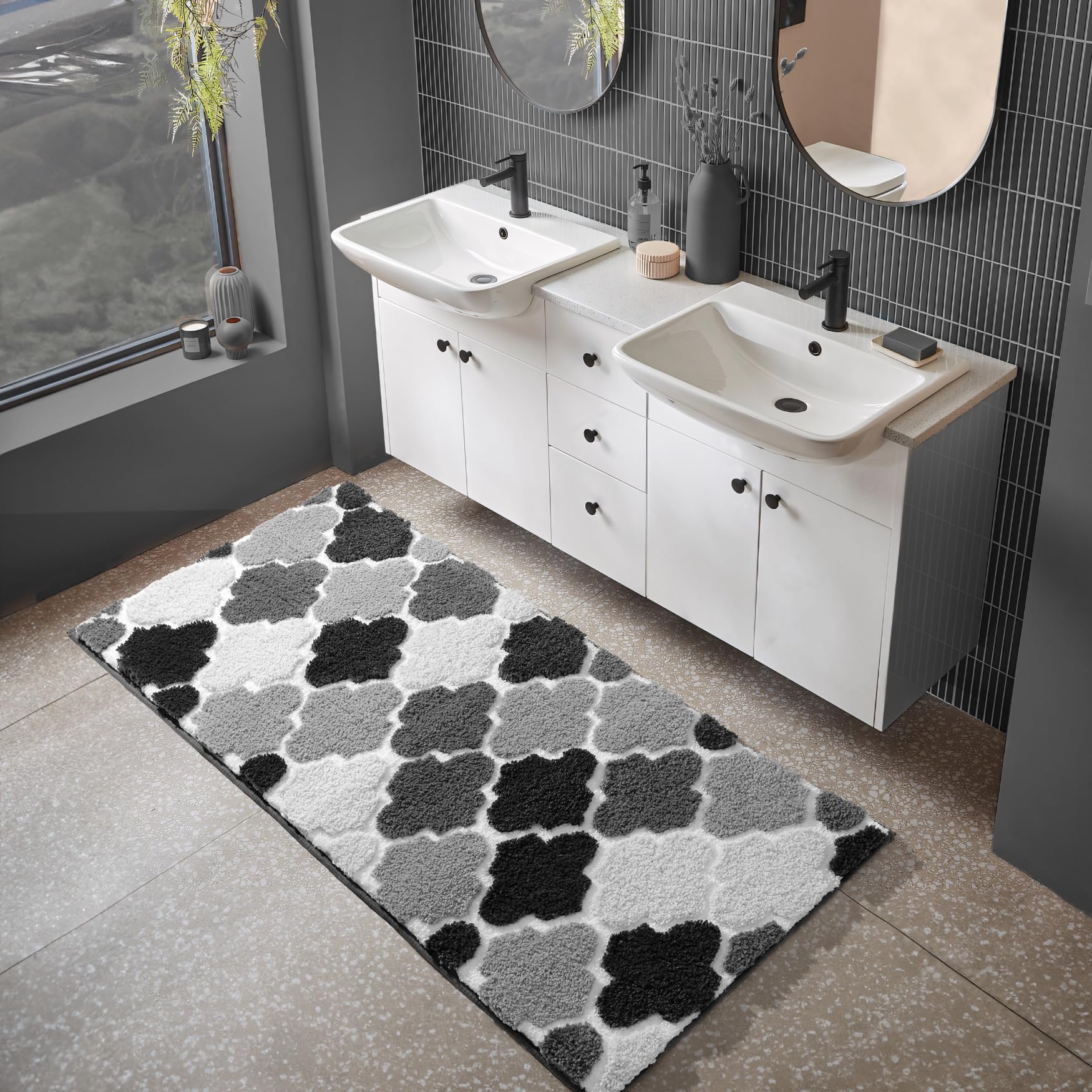 DEXDE Bathroom Rugs Runner 24x47 Long Bath Rug Non Slip Soft Washable Large Bath Mats for Bathroom Bedroom Hallway Kitchen Floor Carpet Modern Boho Decor, Beige