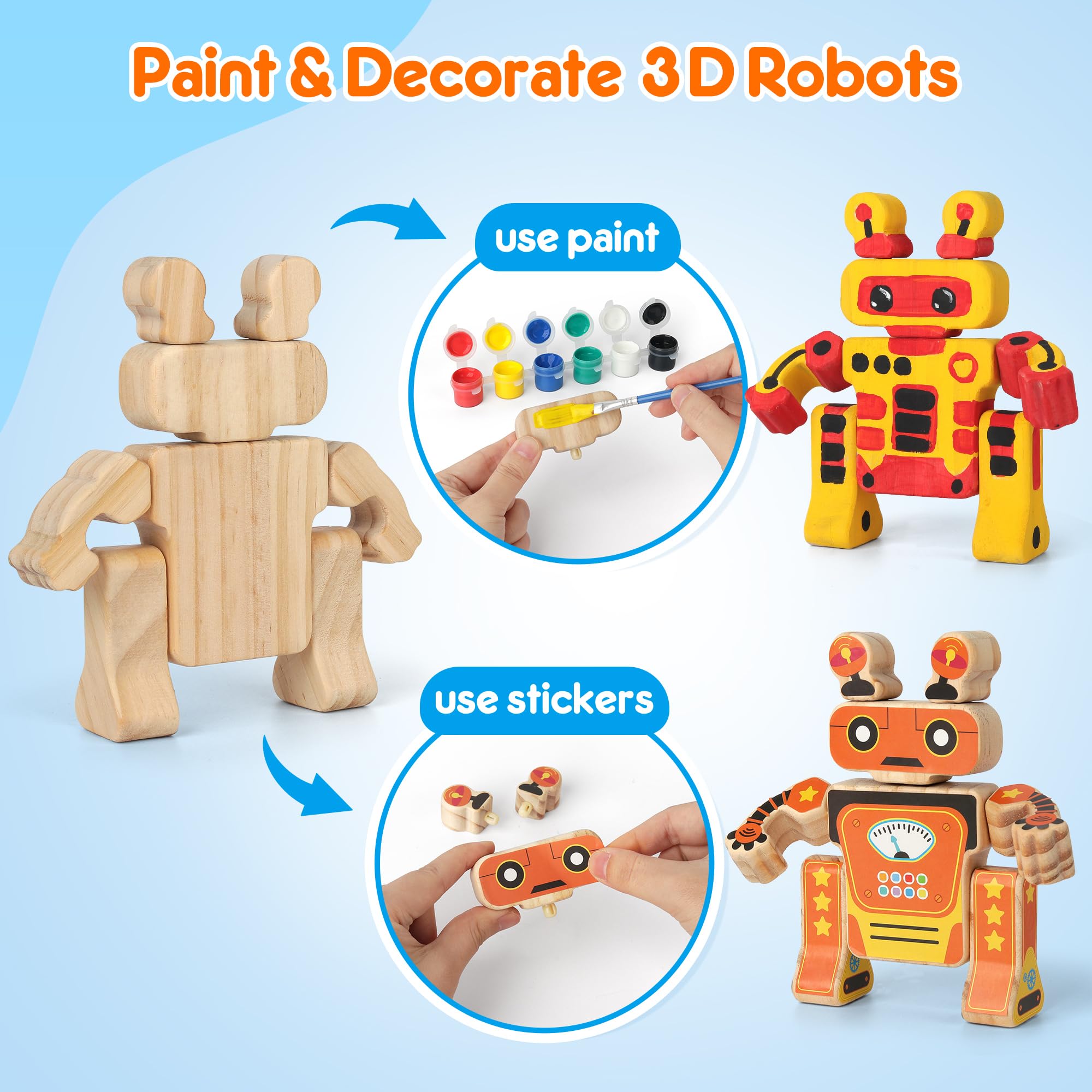 Mocoosy Wooden Dinosaur Painting Art and Craft Kit for Kids 4-8, Build & Decorate Your Own Dinos with Paint & Stickers, Wood Dinosaur Builder Game Montessoi Educational Toy Gift Toddler Boys Girls 3-5