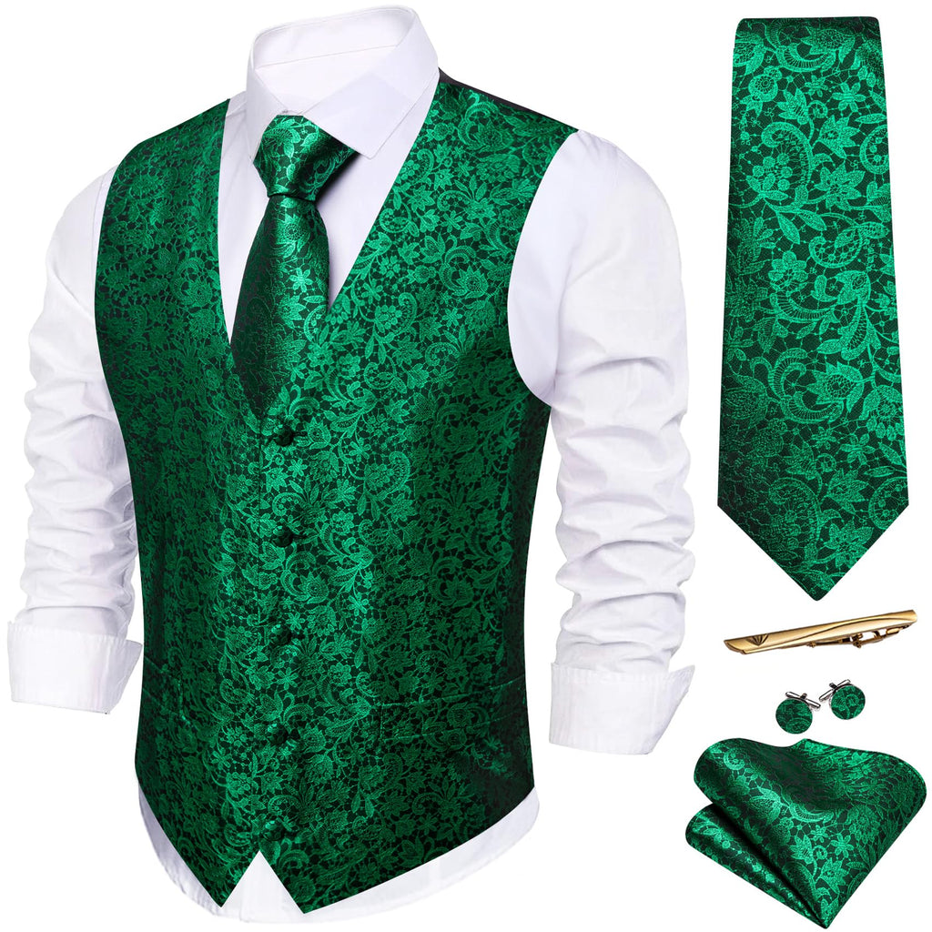 Barry.Wang Men's Suit Vest Formal/Leisure Paisley Jacquard Silk Tie Pocket Square Waistcoat Set Wedding 5PCS