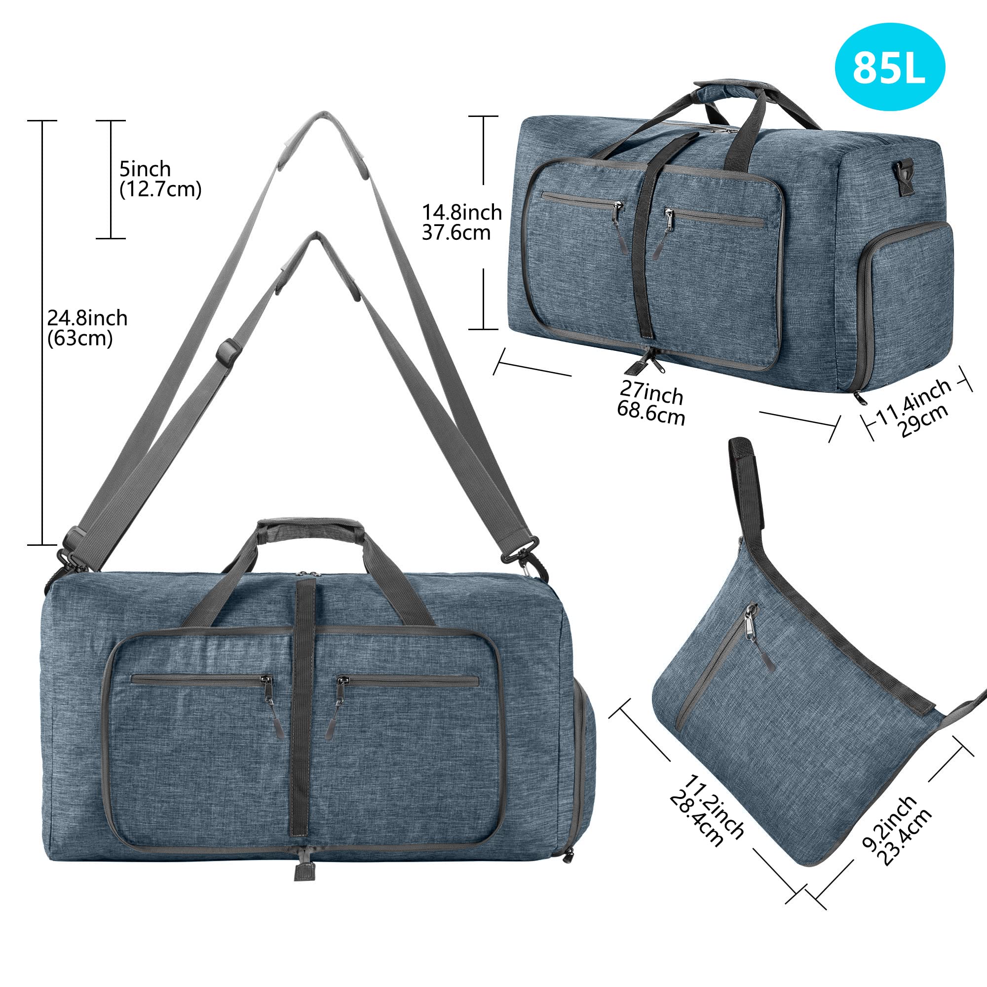 Vomgomfom 65L/85L/115L Foldable Travel Duffle Bag, Lightweight Checked Luggage with Shoe Compartment, Water-Resistant Weekender Overnight Bag for Men & Women