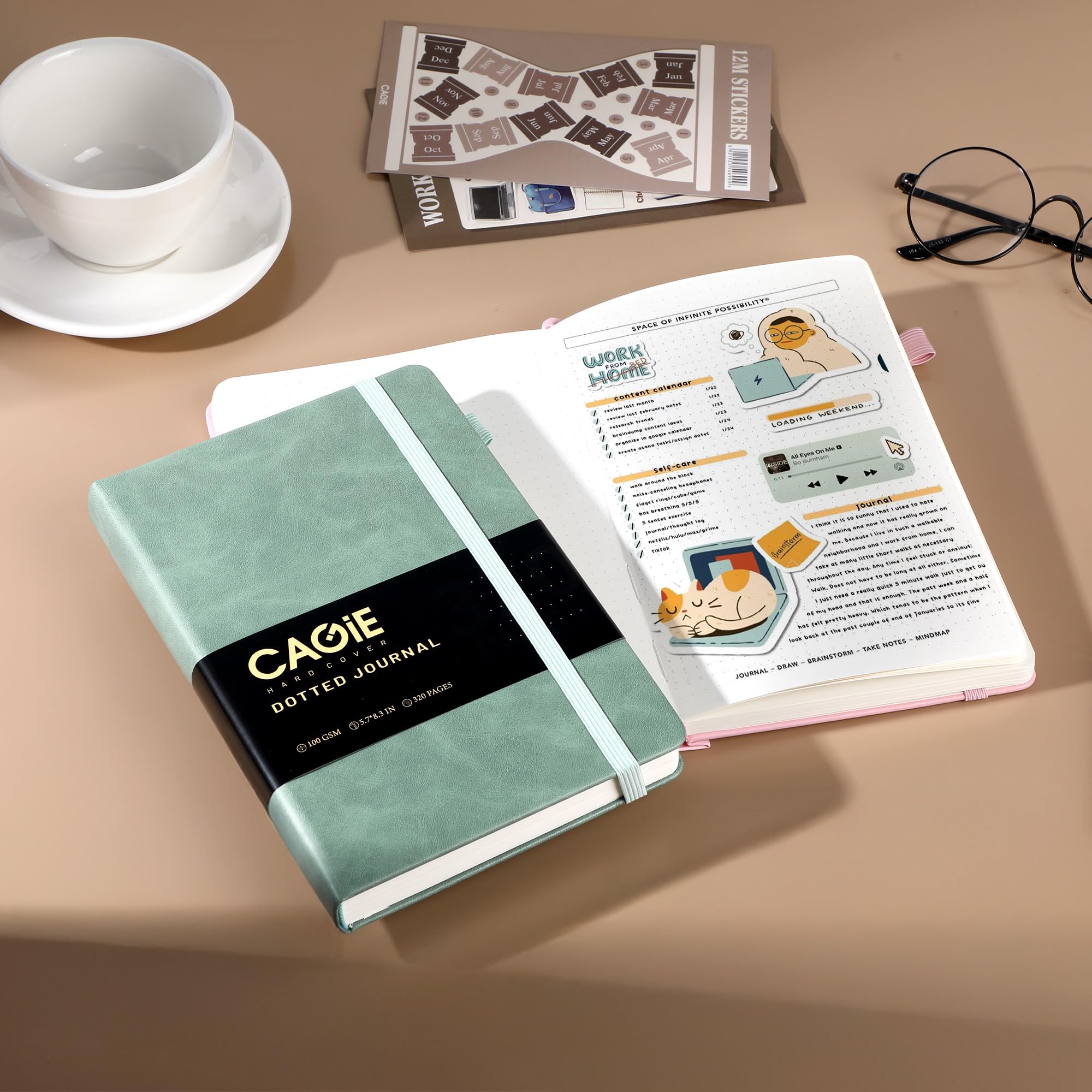 CAGIE Bullet Dotted Journal Notebook 320 Pages 100 GSM Paper Hardcover A5 Dot Grid Notebook Leather Journals for Writing Women Men Work Journaling, Black