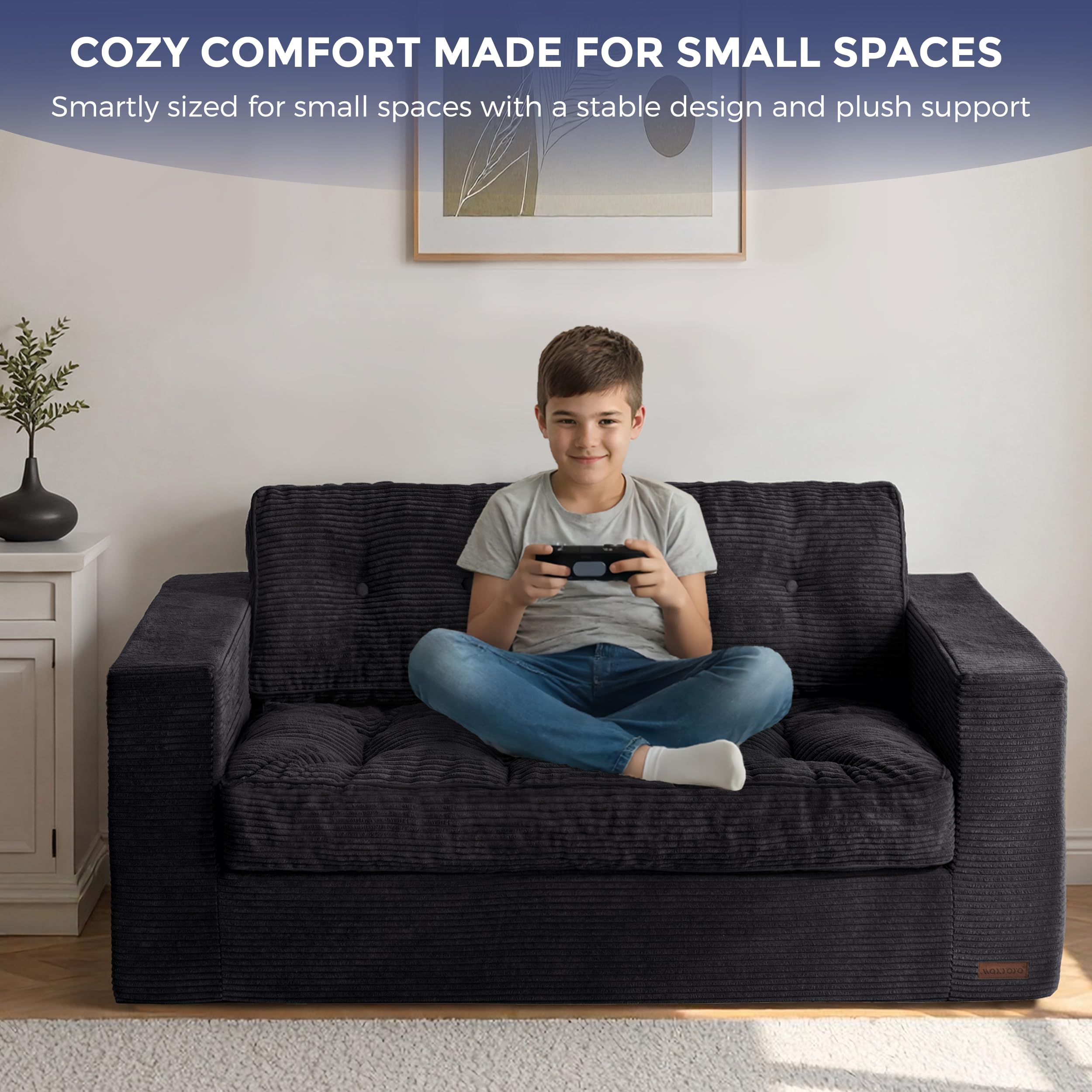 MAXYOYO 3 Seater Sofa Couch for Living Room, Tufted Boneless Couch Sofa Couch, Comfy Bubbled Bean Bag Chair for Apartment, No Assembly Needed, Beige