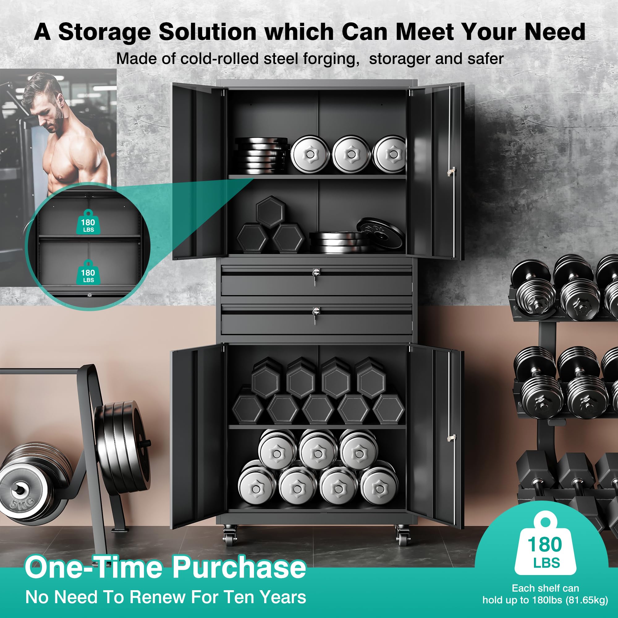 SISESOL Wide & Deep Metal Storage Cabinet with Wheels,Tall Rolling Garage Storage Cabinet with Lock,Black Metal Cabinets with Pegboards and Shelves,Tool Locker for Garage,Home,Office,43''Wx 20''Dx71"H
