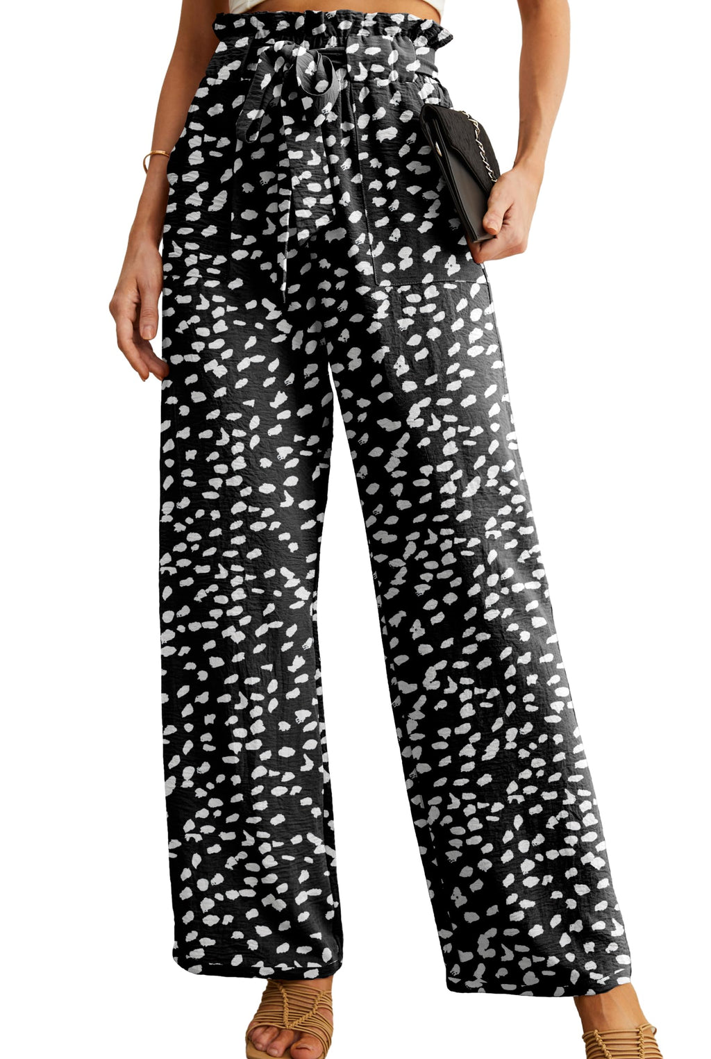 IWOLLENCE Women High Waist Palazzo Pants, Adjustable Knot Ankle Wide Leg Trousers Pockets Beach Vacation Lounge Office