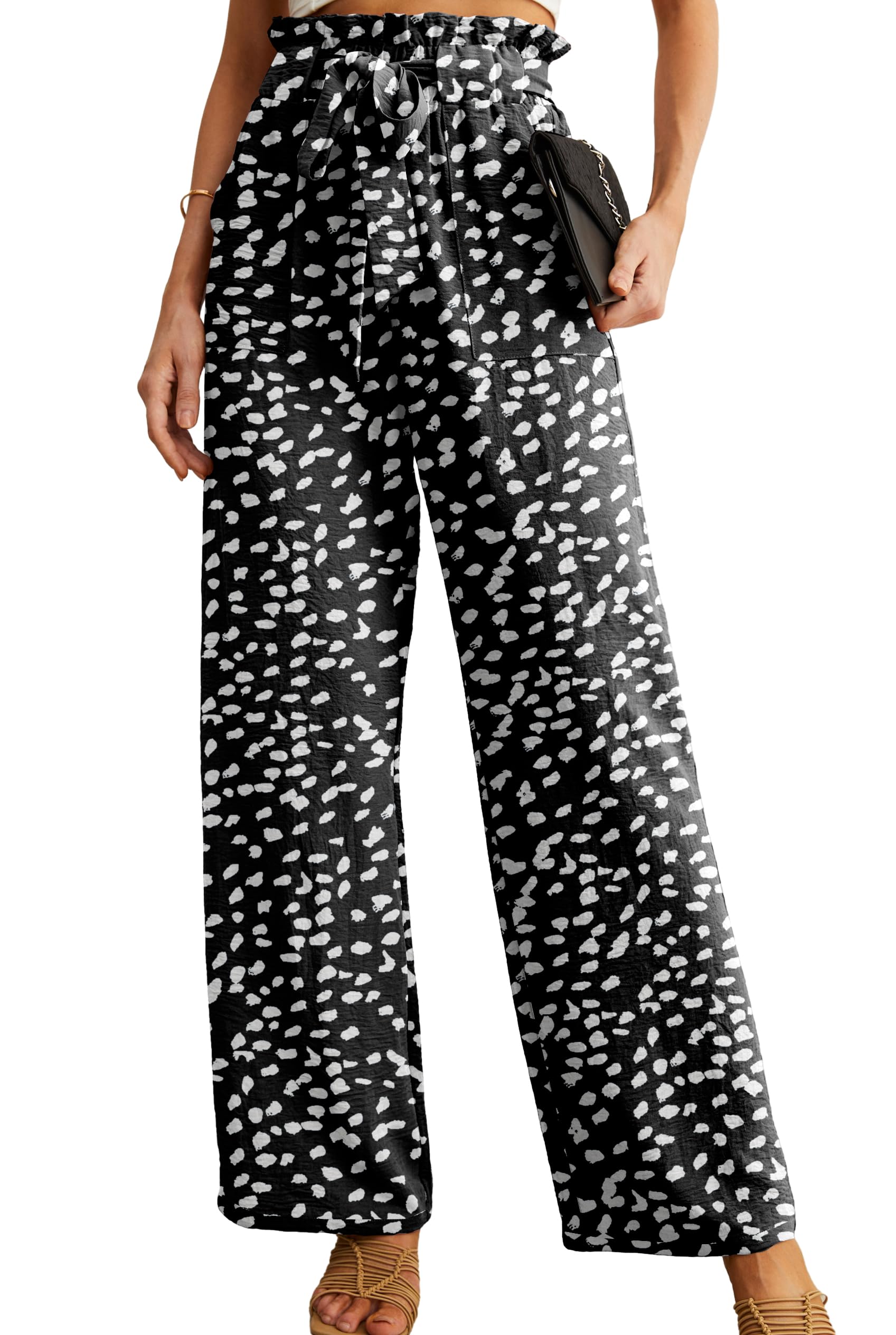 IWOLLENCE Women High Waist Palazzo Pants, Adjustable Knot Ankle Wide Leg Trousers Pockets Beach Vacation Lounge Office