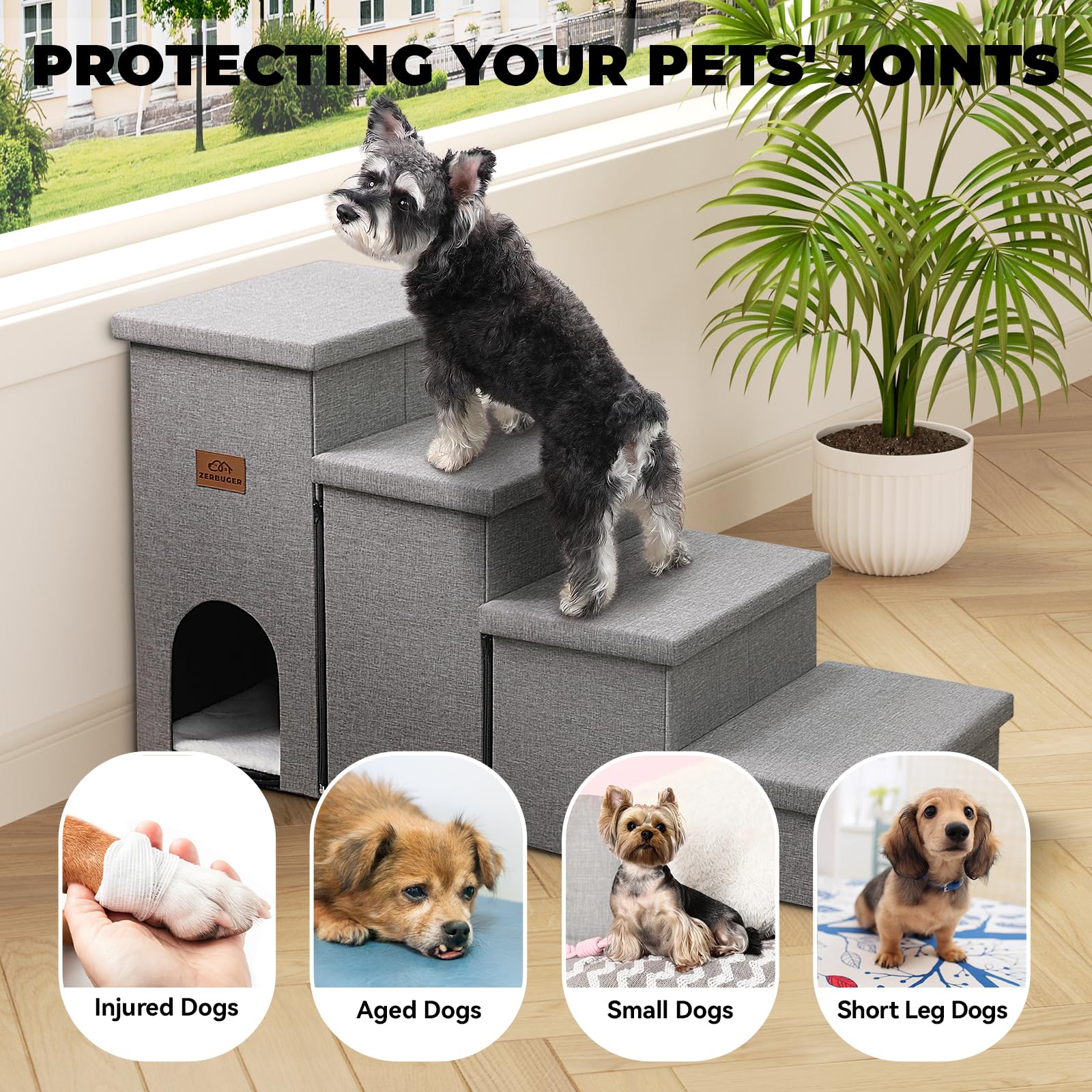 Zerbuger Dog Stairs with Condo 15" H, 2-Step Wider Dog Steps for Small/Medium/Large Old Dogs Cats, Folding Sturdy Storage Pet Stairs Climbing Bed Couch, Ramp for Car Hold Up to 150 lbs, Beige