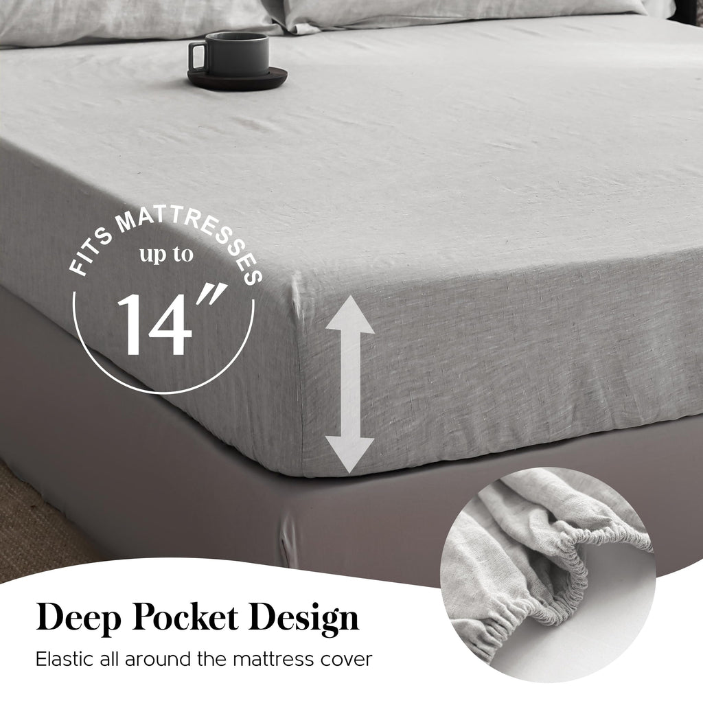 Simple&Opulence 100% Pure Linen Sheet Set Twin Size, Natural French Flax Solid Color 3 Pcs Washed Breathable, Farmhouse Bedding (1 Flat Sheet,1 Fitted Sheet,1 Pillowcase)-Embroidery Dark Grey