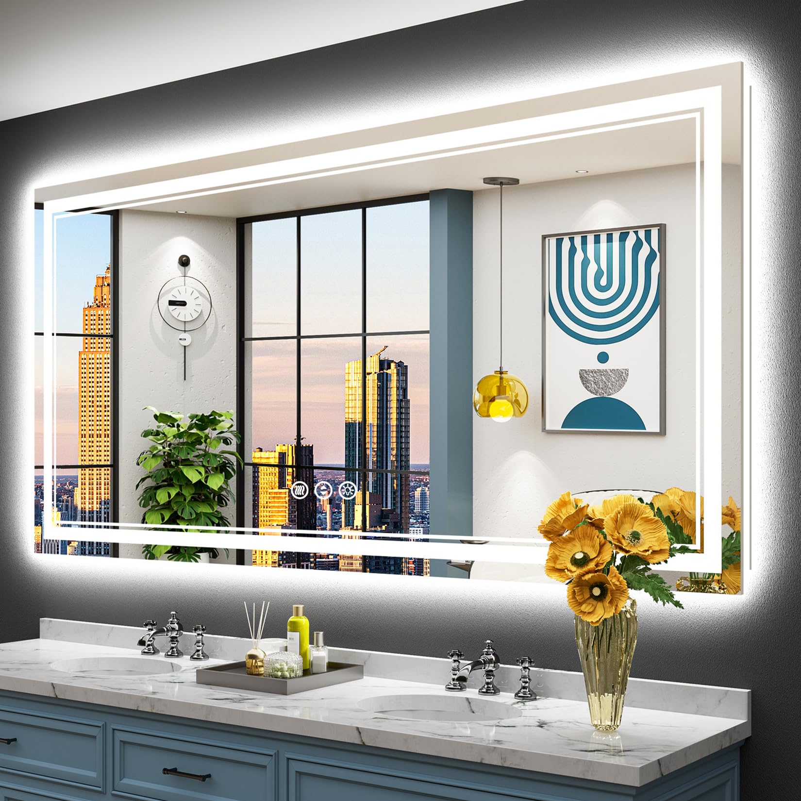 24x32 Black Framed LED Bathroom Mirror with Lights, Backlit and Front Lit Anti-Fog Lighted Vanity Mirrors for Bathroom Wall, Dimmable, 3 Colors, Memory, HD Tempered Glass, Horizontal/Vertical