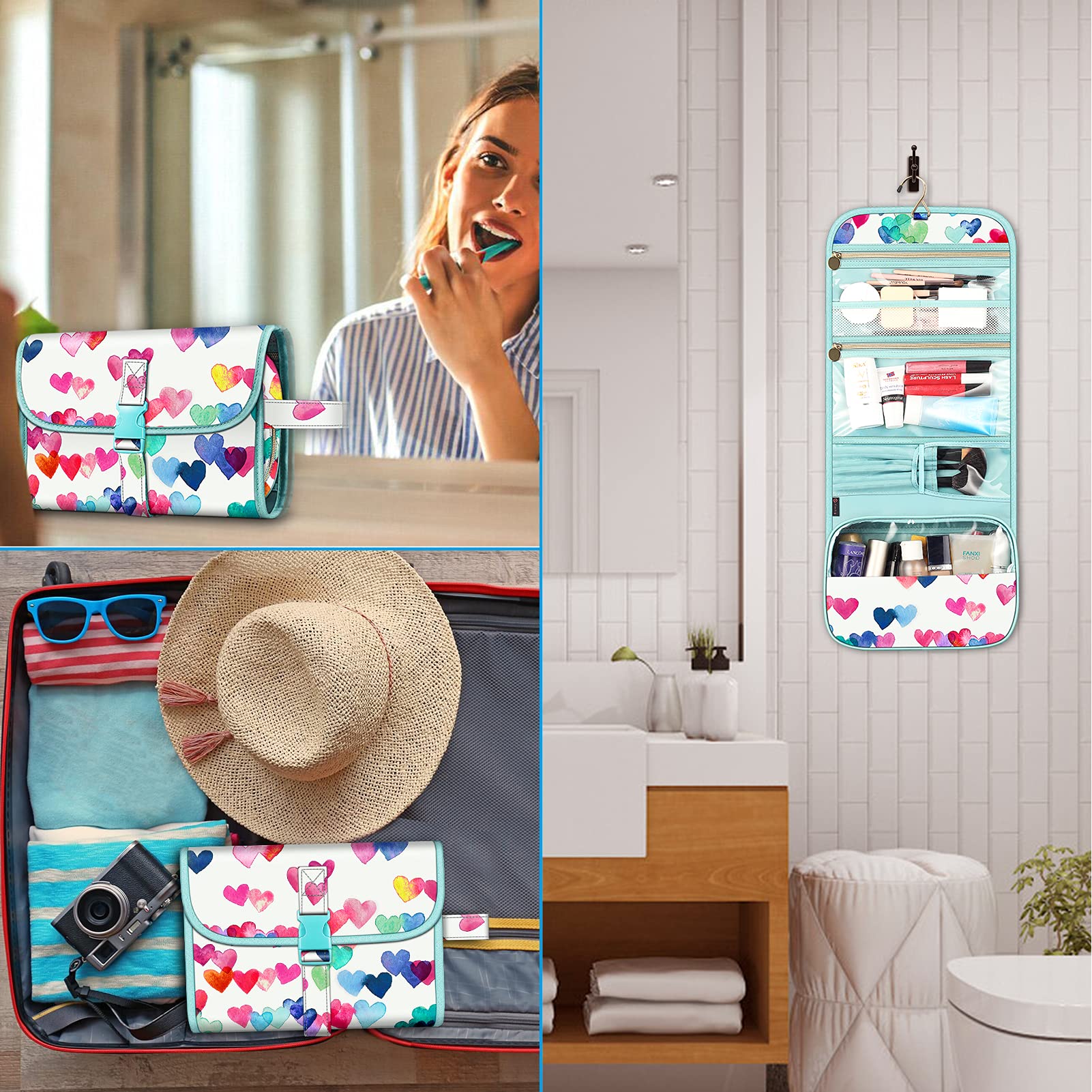 FINTIE Portable Toiletry Cosmetic Travel Bag, Large Water Resistant Hanging Makeup Organizer Storage Pouch Case for Women Girls (Blooming Hibiscus)
