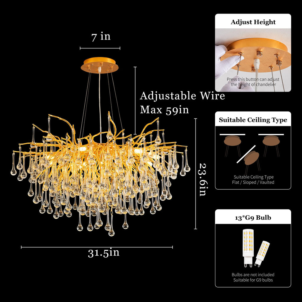 Modern Crystal Raindrop Chandelier, L40'' Black Linear Rectangle Art Deco Tree Branch Lighting Fixture for Kitchen Island Living Room Foyer Staircase 10 Lights