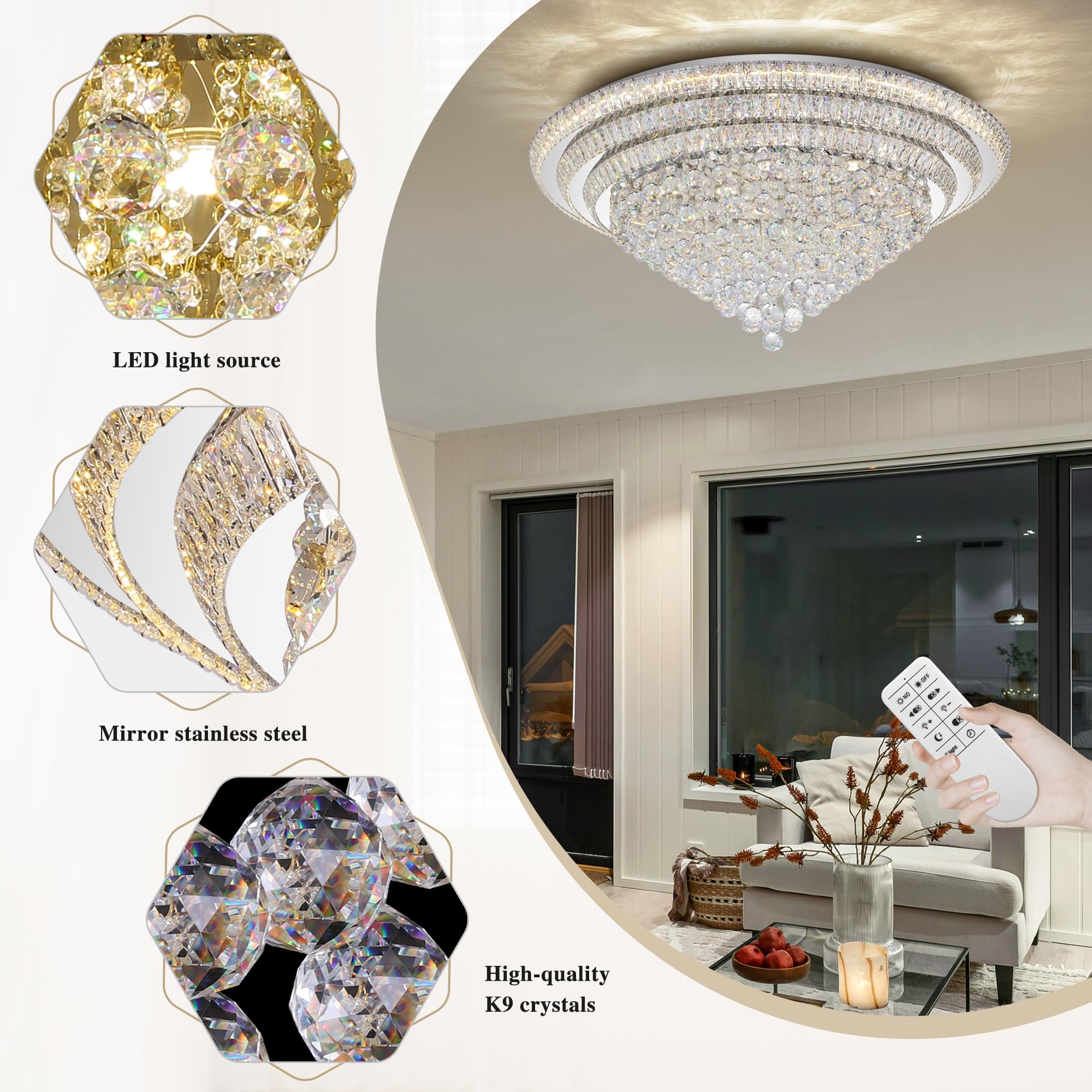 COCOSTAR 20" Gold Crystal Chandeliers, Flush Mount Chandelier LED Ceiling Light, Modern Crystal Raindrop Chandeliers for Dining Room, Living Room, Bedroom