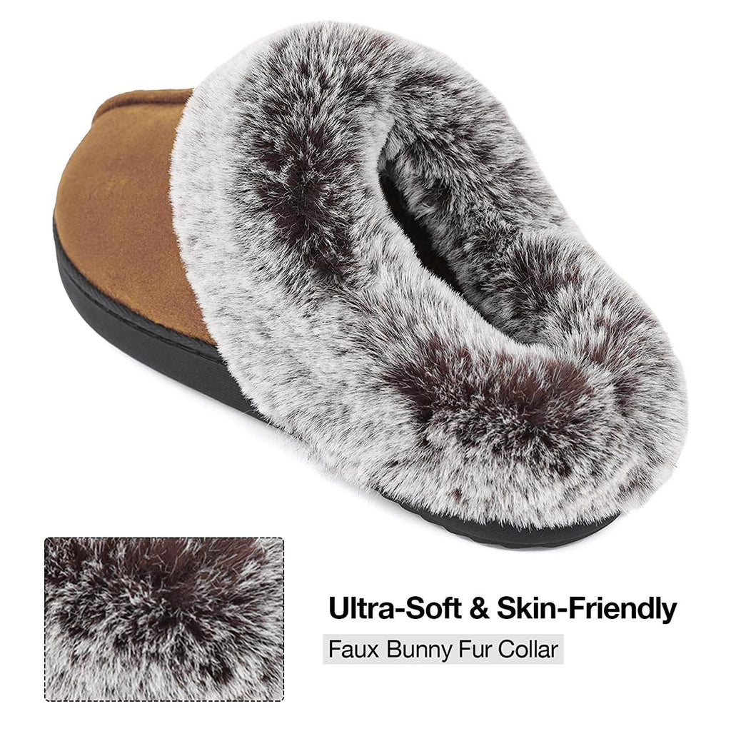 HomeTop Women's Classic Microsuede Memory Foam Slippers Durable Rubber Sole with Warm Faux Fur Collar