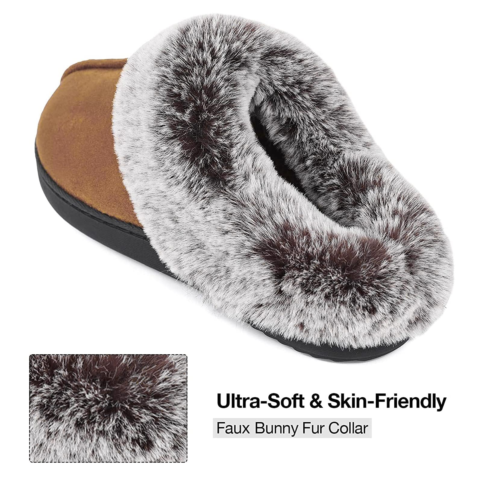 HomeTop Women's Classic Microsuede Memory Foam Slippers Durable Rubber Sole with Warm Faux Fur Collar