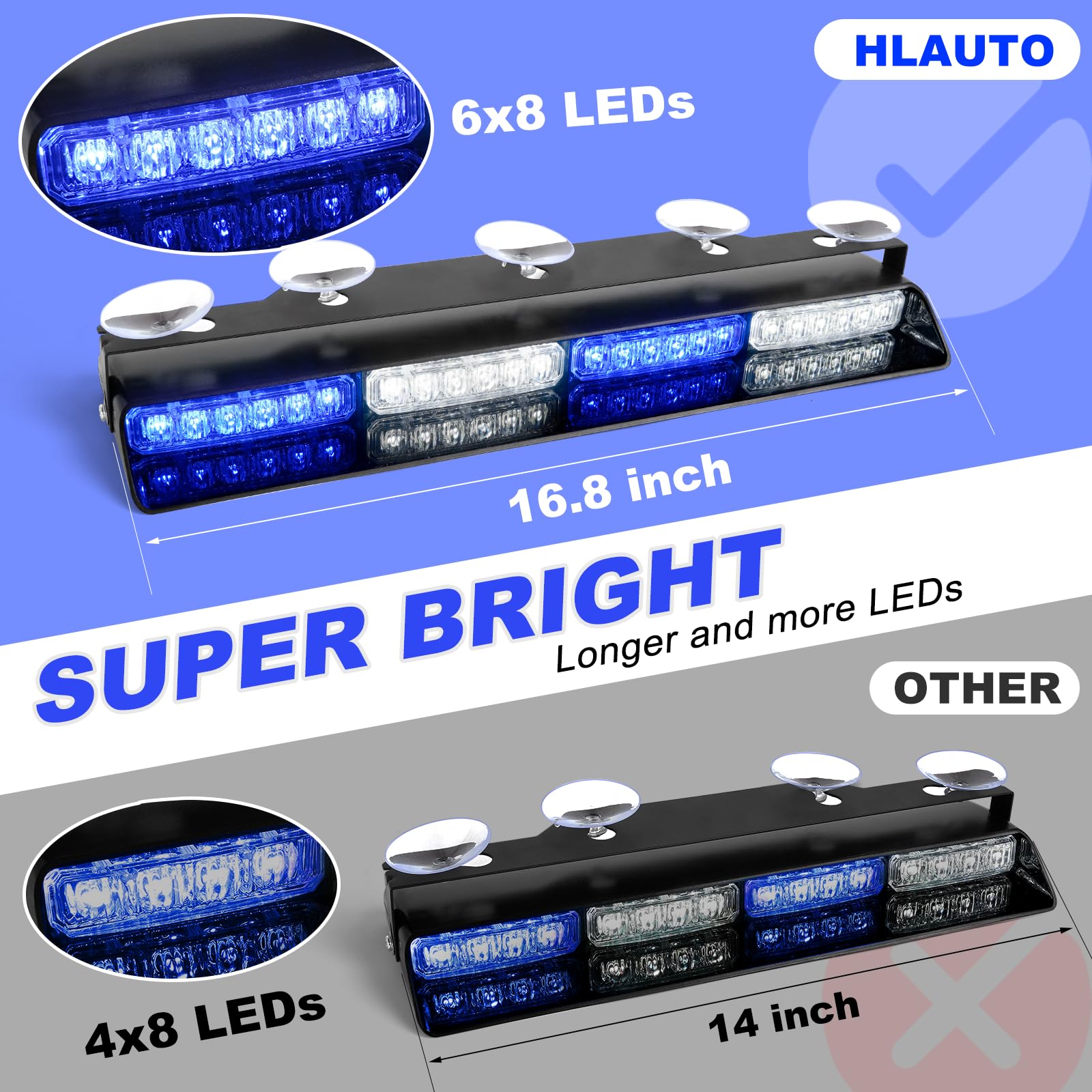 HLauto 604N Emergency Dash Strobe Lights: 2x16.8 inch Amber White Security Light w/Take Down, 48 LED Safety Flashing Warning Hazard Interior Windshield Light Bar for Truck Vehicle