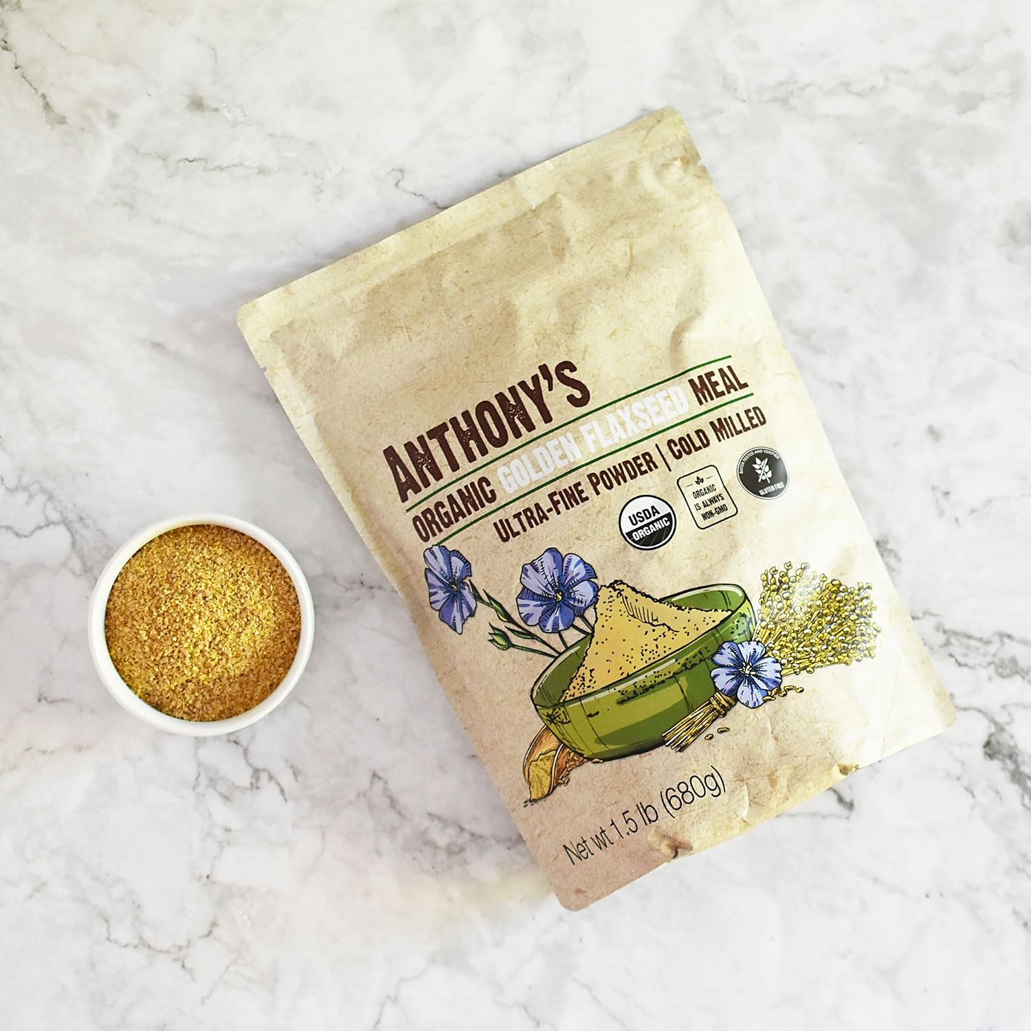 Anthony's Organic Golden Flaxseed Meal, 1.5 lb, Gluten Free, Non-GMO, Vegan, Ground Golden Flaxseed