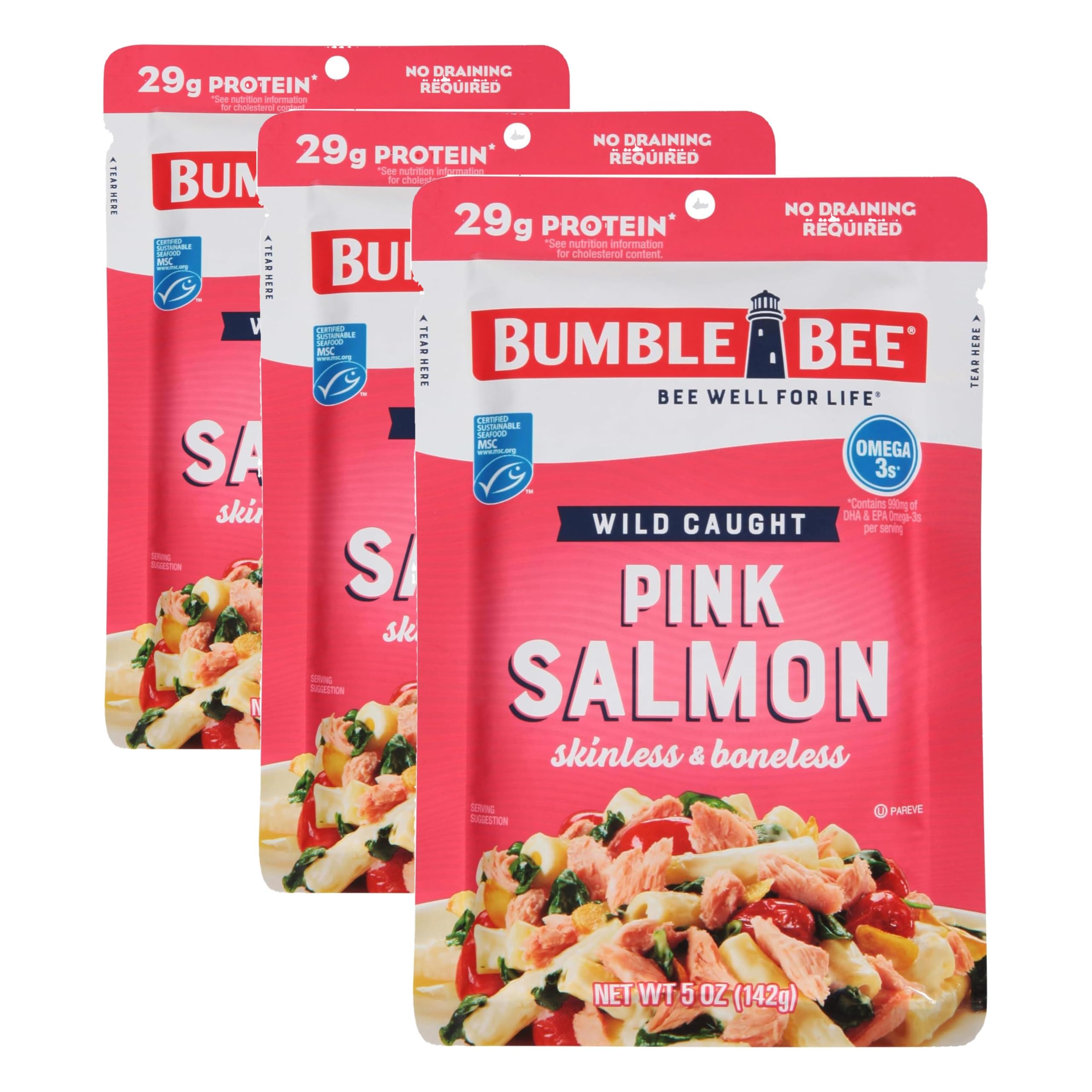 Bumble Bee Skinless & Boneless Pink Salmon, 5 oz Pouch - Premium Wild Caught Salmon for Snacks, Sandwiches & Recipes - 29g Protein per Serving - Gluten Free, Kosher, MSC Certified