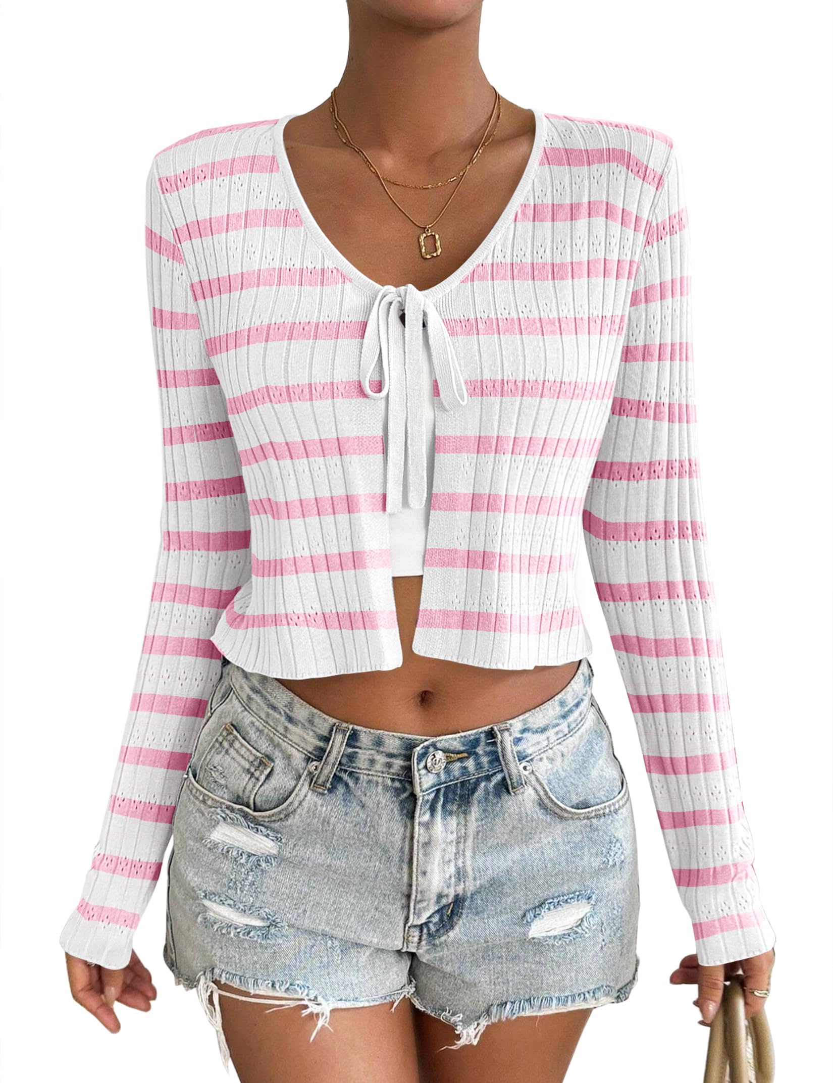 Womens Tie Front Cardigan Long Sleeve Rib Knit Shrug for Dress Sweaters Crop Tops