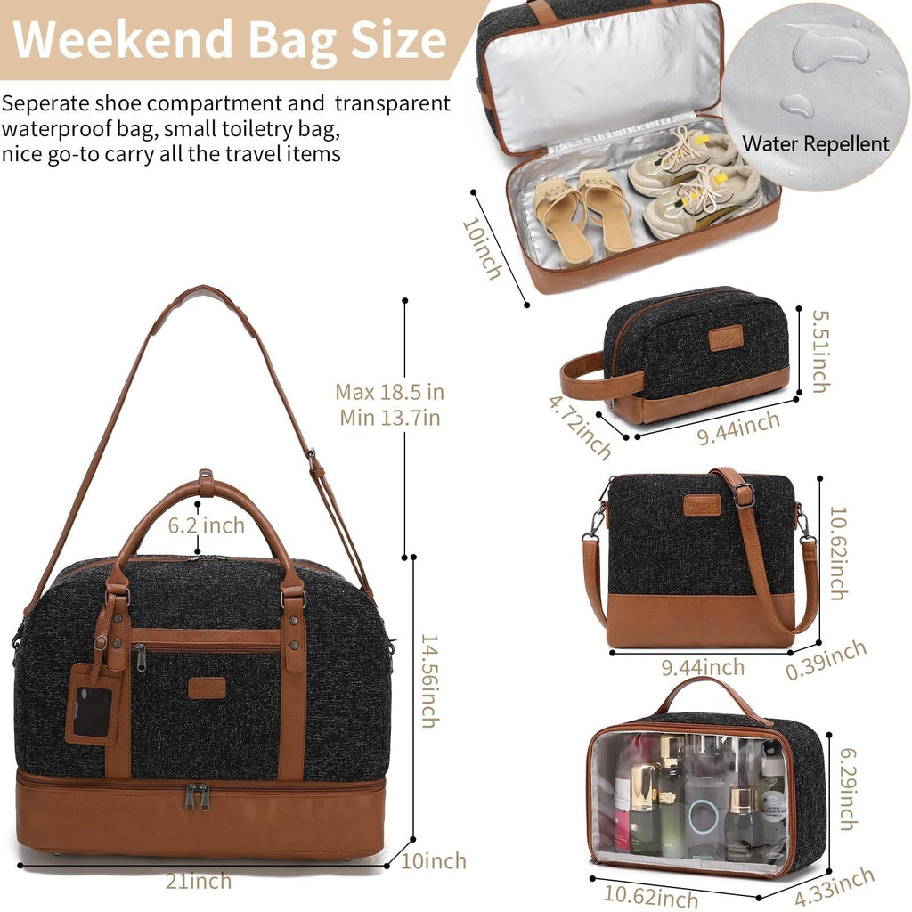 Wogarl 4PCS Weekender Bags for Women Large Overnight Weekend Travel Duffel Carry on Shoulder with Shoe Compartment Canvas Toiletry Bag for Travel Business Gym