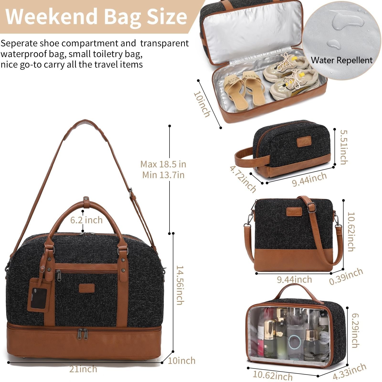 Wogarl 4PCS Weekender Bags for Women Large Overnight Weekend Travel Duffel Carry on Shoulder with Shoe Compartment Canvas Toiletry Bag for Travel Business Gym