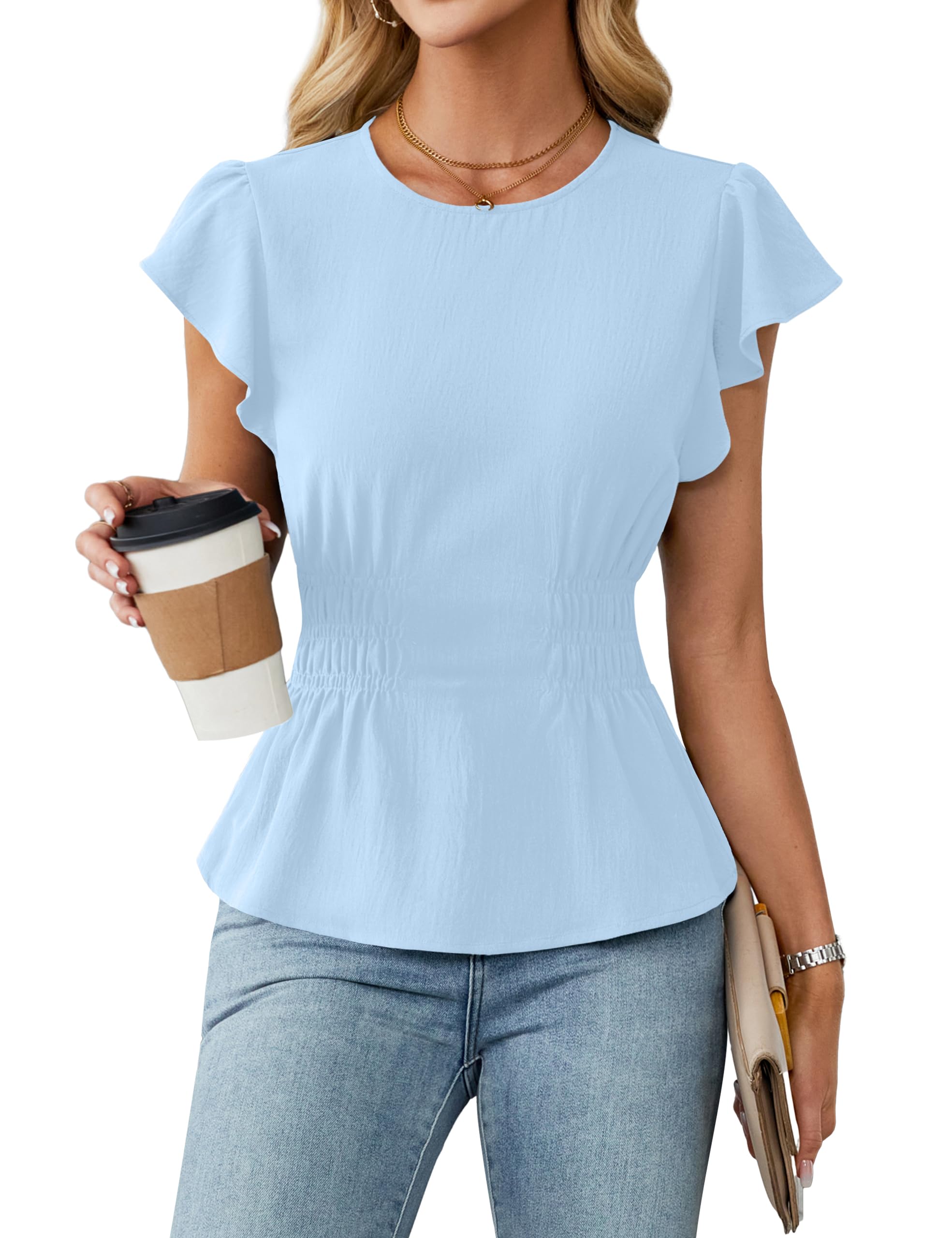 Blooming Jelly Women's Dressy Casual Blouses Business Ruffle Short Sleeve Tops Summer Crew Neck Smocked Shirts