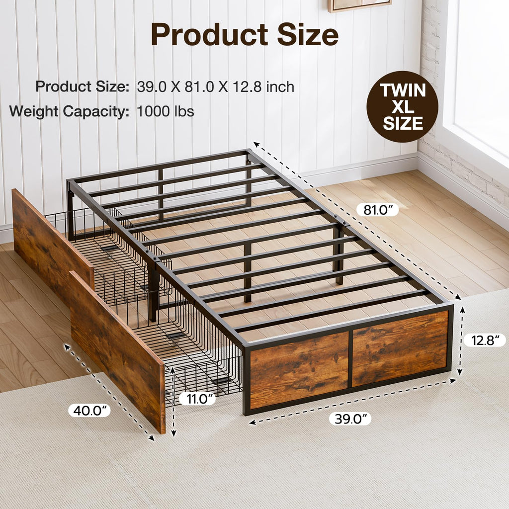 GAZHOME Twin Bed Frame with 2 XL Storage Drawers, Metal Platform Bed Frame with Footboard, 9 Strong Metal Slat Support/No Box Spring Needed/Easy Assembly/Space Saving Wood