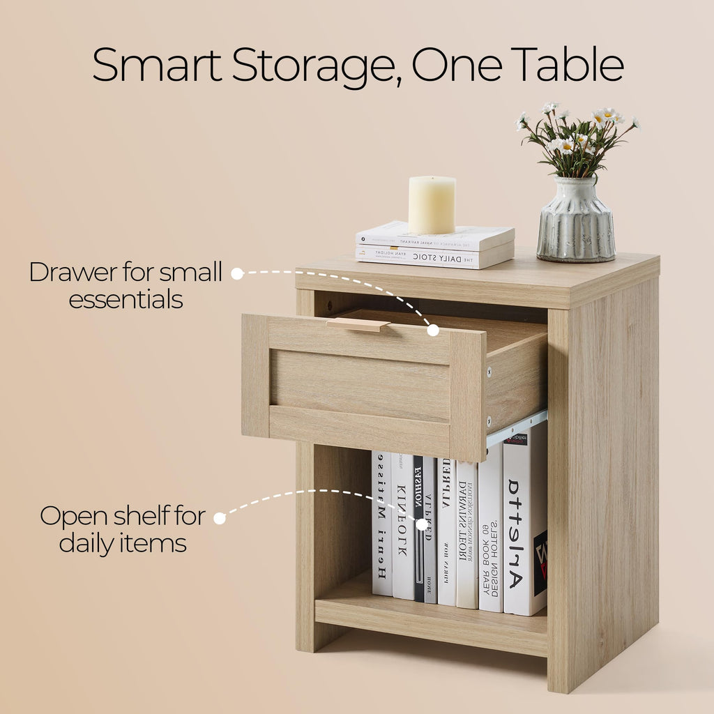OAKHAM HOME Nightstand Set of 2 Farmhouse Bedside Tables with Drawer and Storage Shelf Modern Boho End Side Tables for Bedroom Sofa, Light Oak