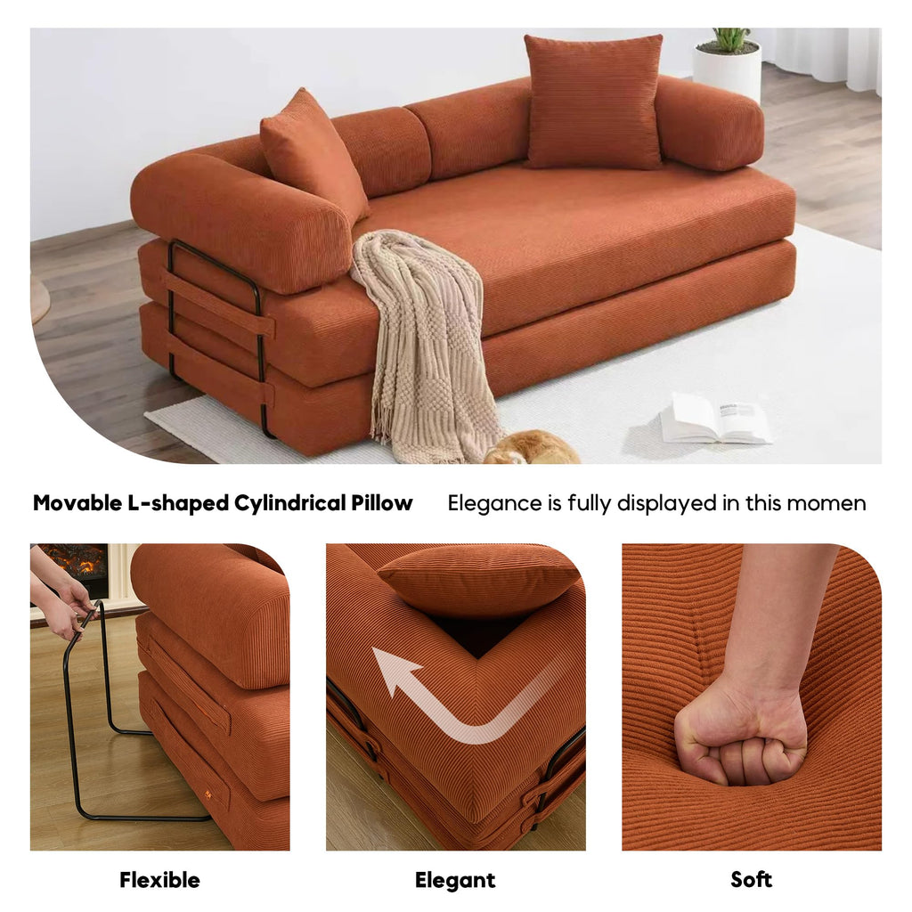ZEIINPA 59“ Convertible Floor Sofa Bed, 5-in-1 Futon Sofa Bed Pull Out Sleeper Couch, Modern Corduroy Compressed Loveseat, Modular Boneless Couches for Living Room, No Assembly Required, Beige