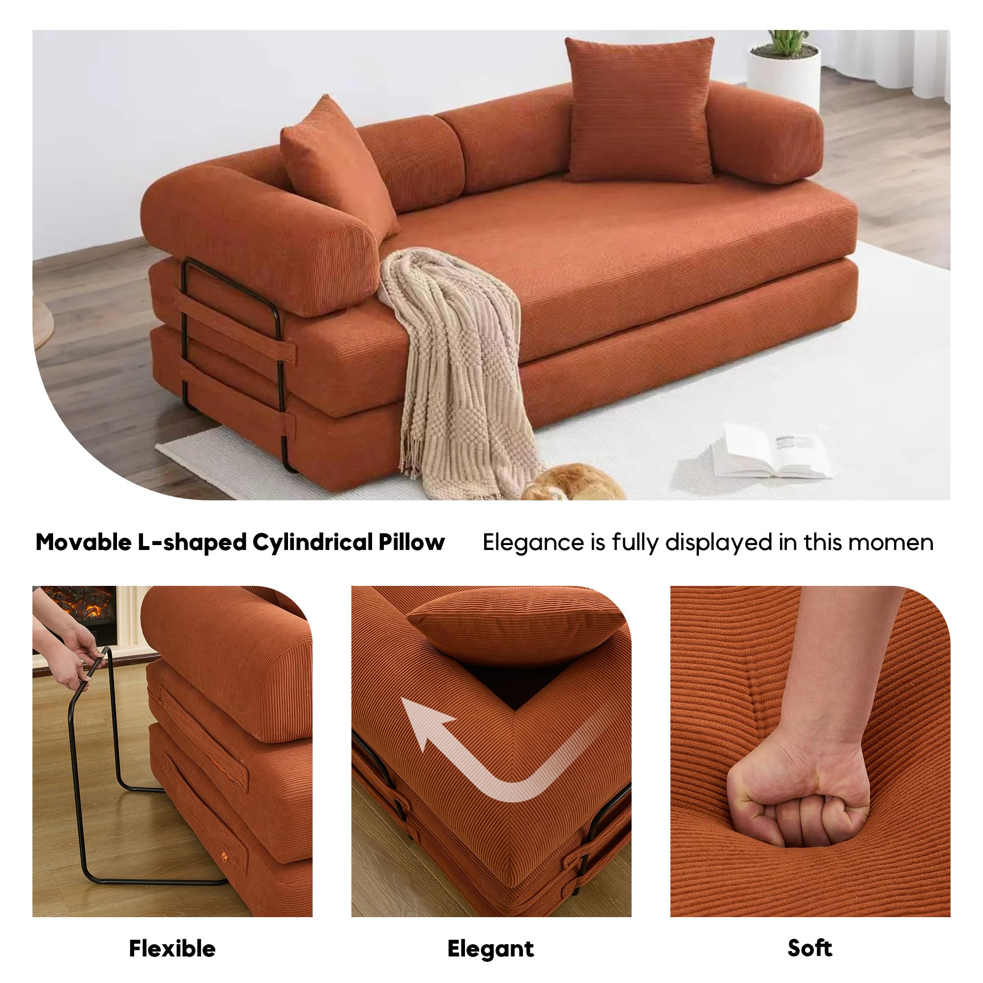 ZEIINPA 59“ Convertible Floor Sofa Bed, 5-in-1 Futon Sofa Bed Pull Out Sleeper Couch, Modern Corduroy Compressed Loveseat, Modular Boneless Couches for Living Room, No Assembly Required, Beige