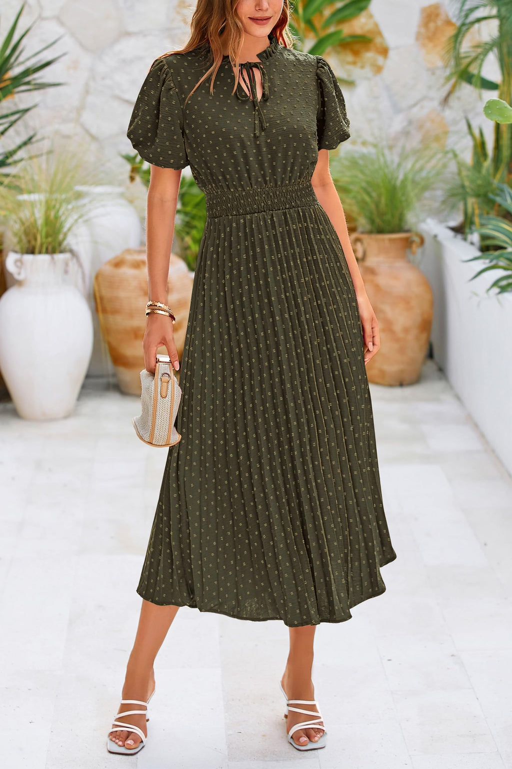 PRETTYGARDEN Womens Summer Midi Dresses Puff Short Sleeve V Neck Swiss Dot Pleated A Line Flowy Long Wedding Guest Dress