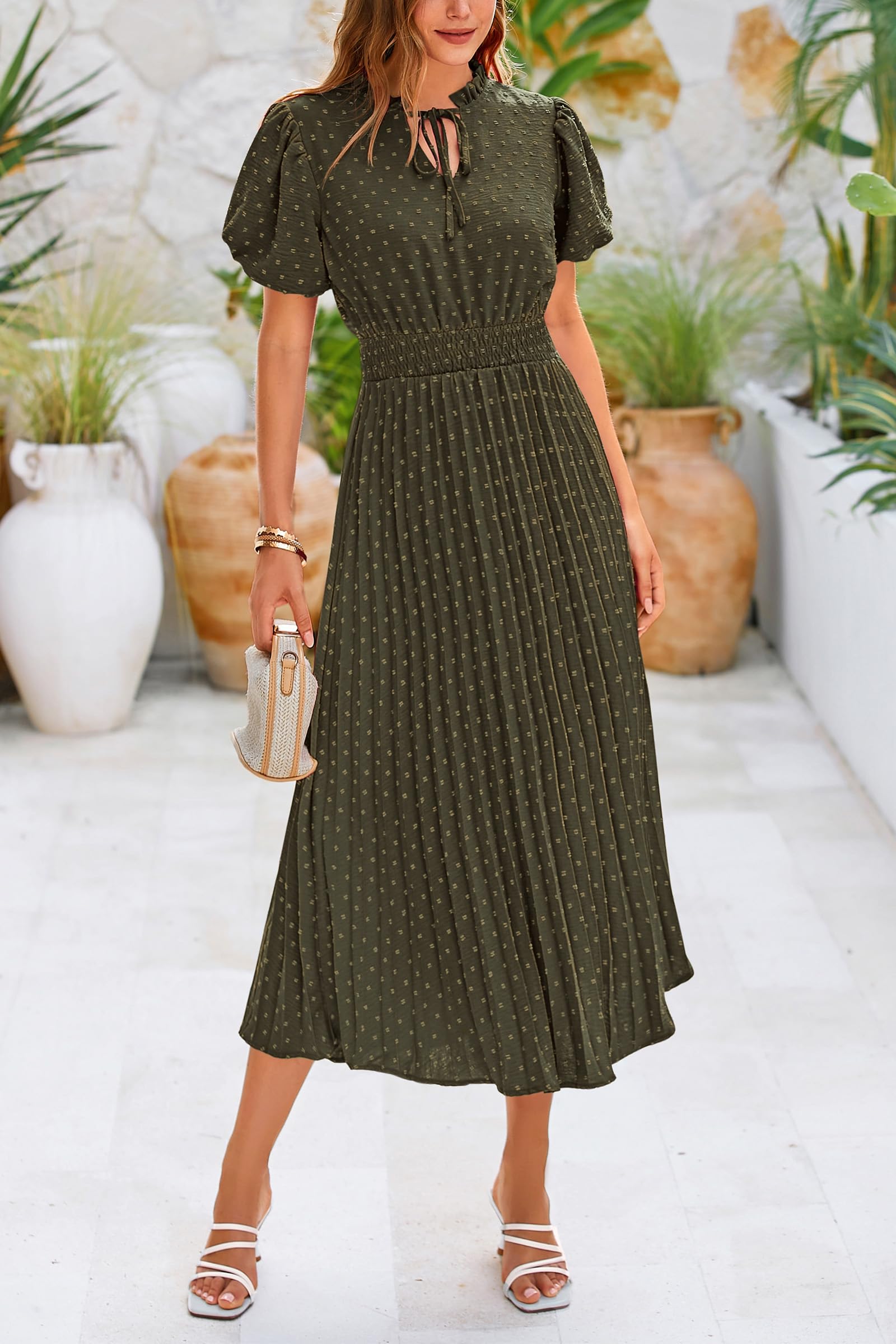 PRETTYGARDEN Womens Summer Midi Dresses Puff Short Sleeve V Neck Swiss Dot Pleated A Line Flowy Long Wedding Guest Dress