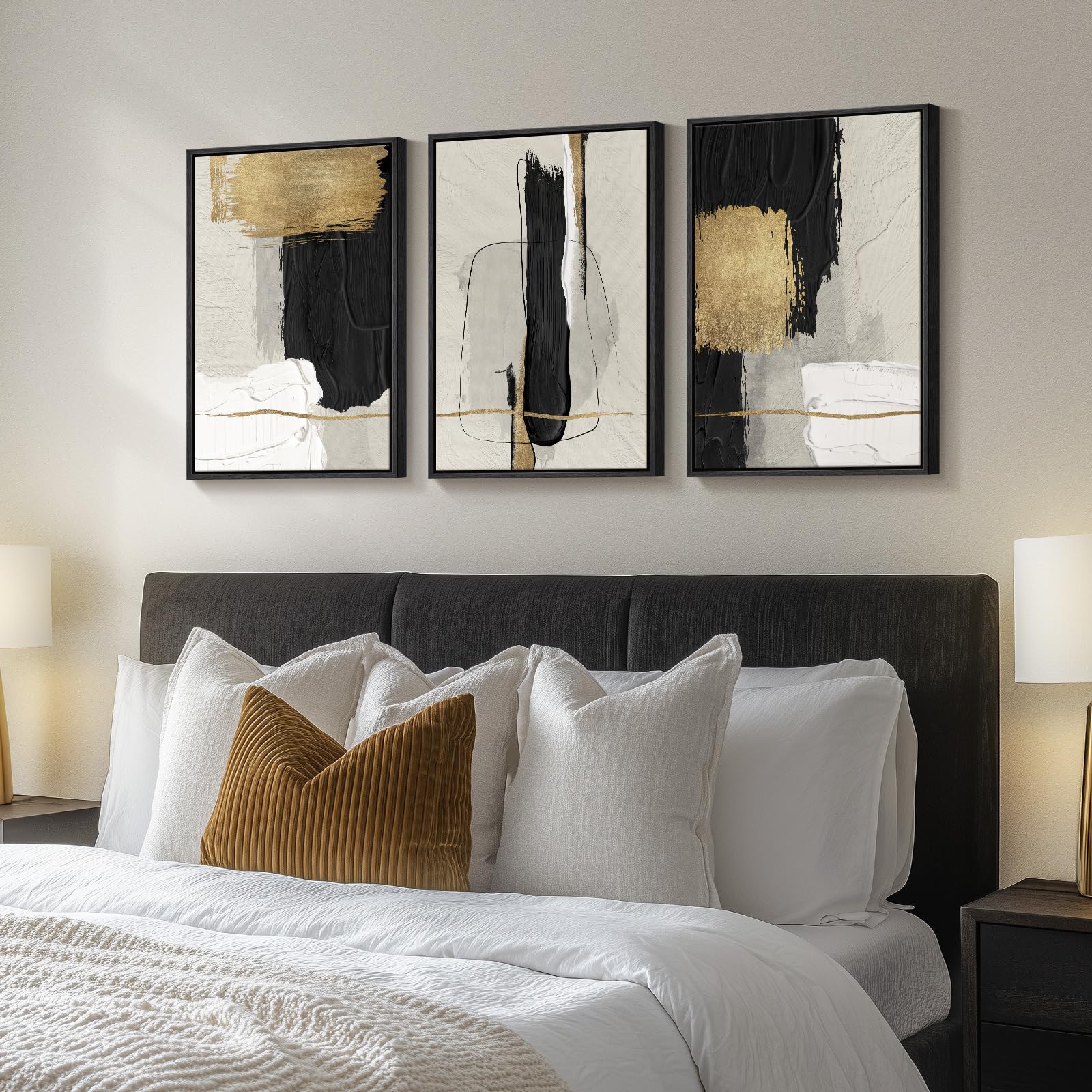 Framed Black and White Modern Abstract Wall Art, 3 Piece Canvas Prints Paintings Artwork for Walls, Minimalist Black White Grey Pictures for Living Room Dining Room Bedroom Office Wall Decor 16x24 In