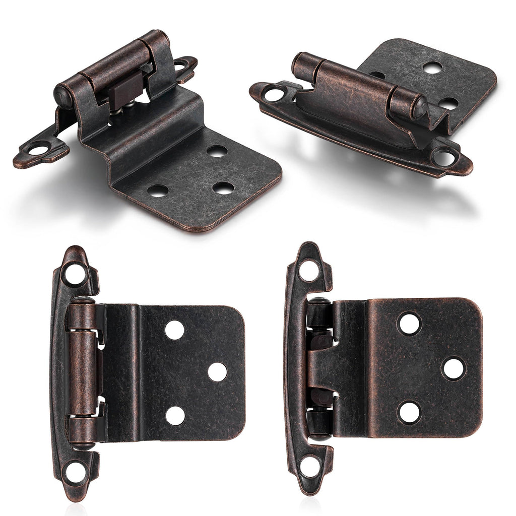 4 Pack (2 Pairs) Antique Brass Self Closing Cabinet Hinges for Kitchen Cabinet Door, 1/2" Overlay (Variable) Semi Concealed Kitchen Cabinet Hinges