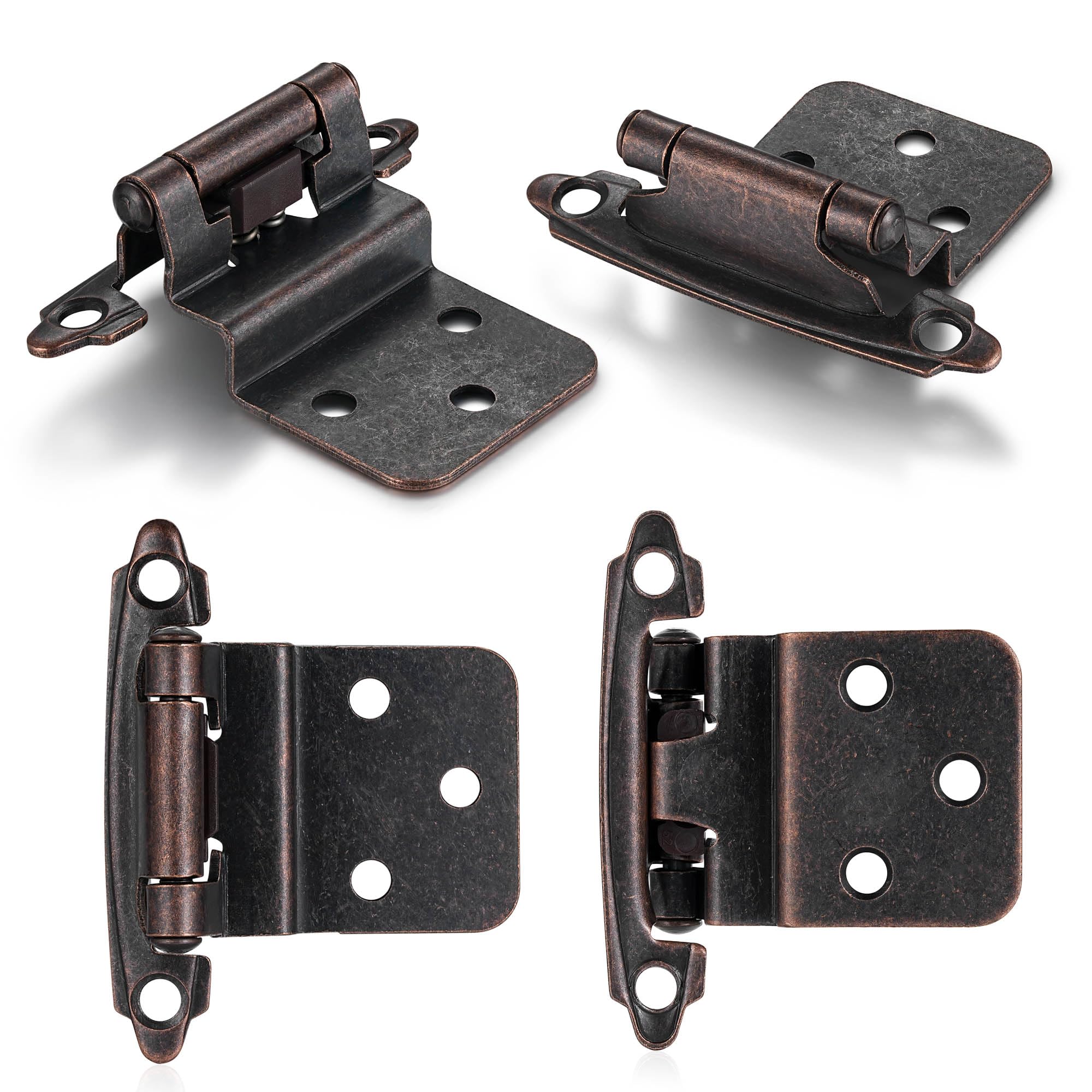 4 Pack (2 Pairs) Antique Brass Self Closing Cabinet Hinges for Kitchen Cabinet Door, 1/2" Overlay (Variable) Semi Concealed Kitchen Cabinet Hinges