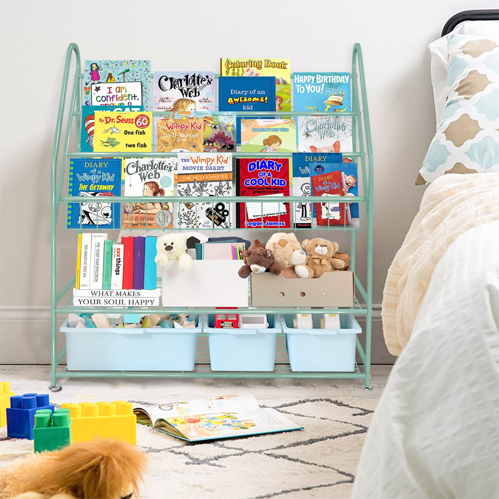 aboxoo Metal Kids Bookshelf Black Large Freestanding for Children Room 32 in Toy Organizer Large Stable Bookcase Bookstore Library Book Unit Storage Kids Bed Living Room
