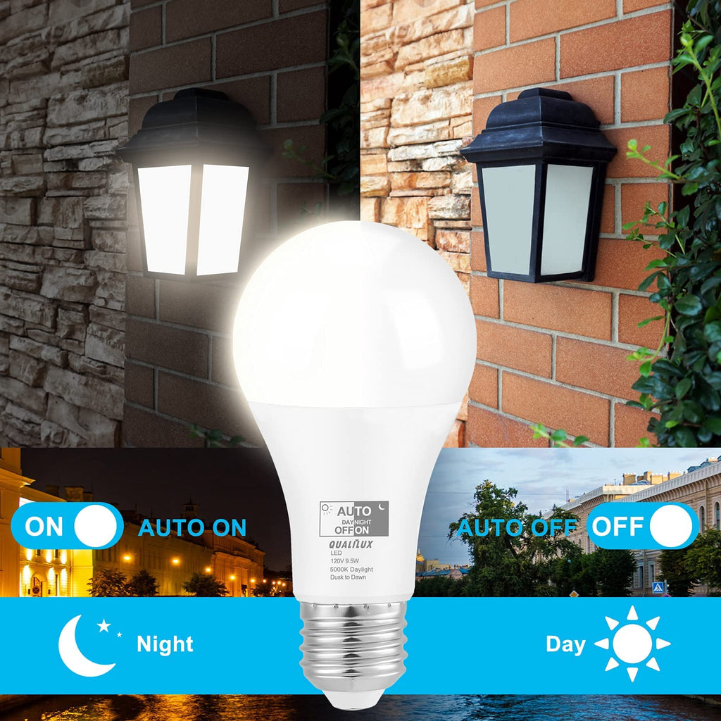 Qualilux Dusk to Dawn A19 LED Light Bulbs 850LM, 60W Equivalent, Daylight, Energy-Efficient 9.5W, A19, E26 Base, 2-Pack, HQ-H011