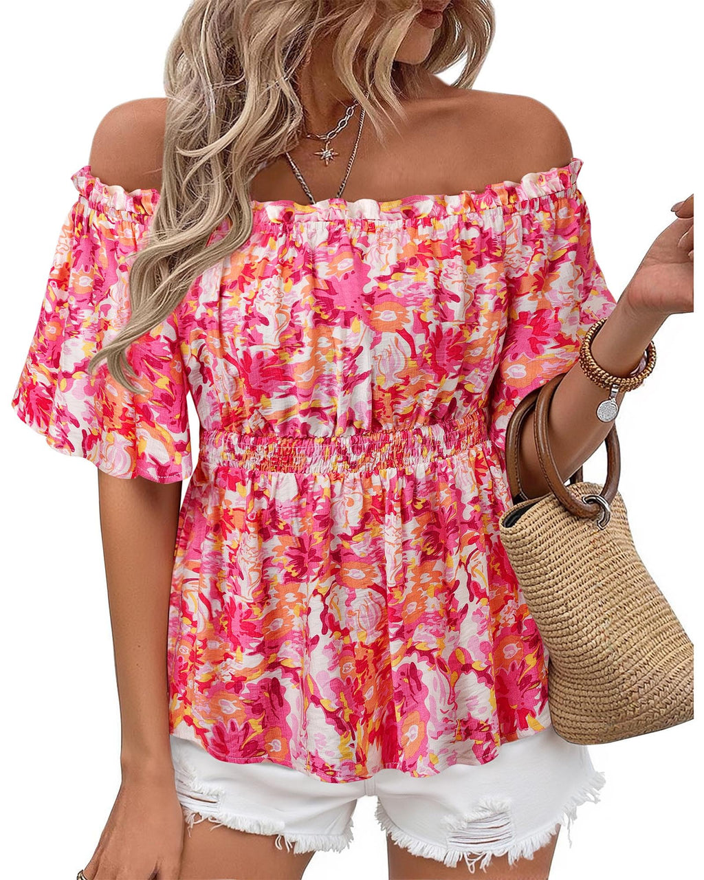 Bebonnie Women's Summer Sexy Off The Shoulder Peplum Tops Ruffle Sleeve Dressy Blouses