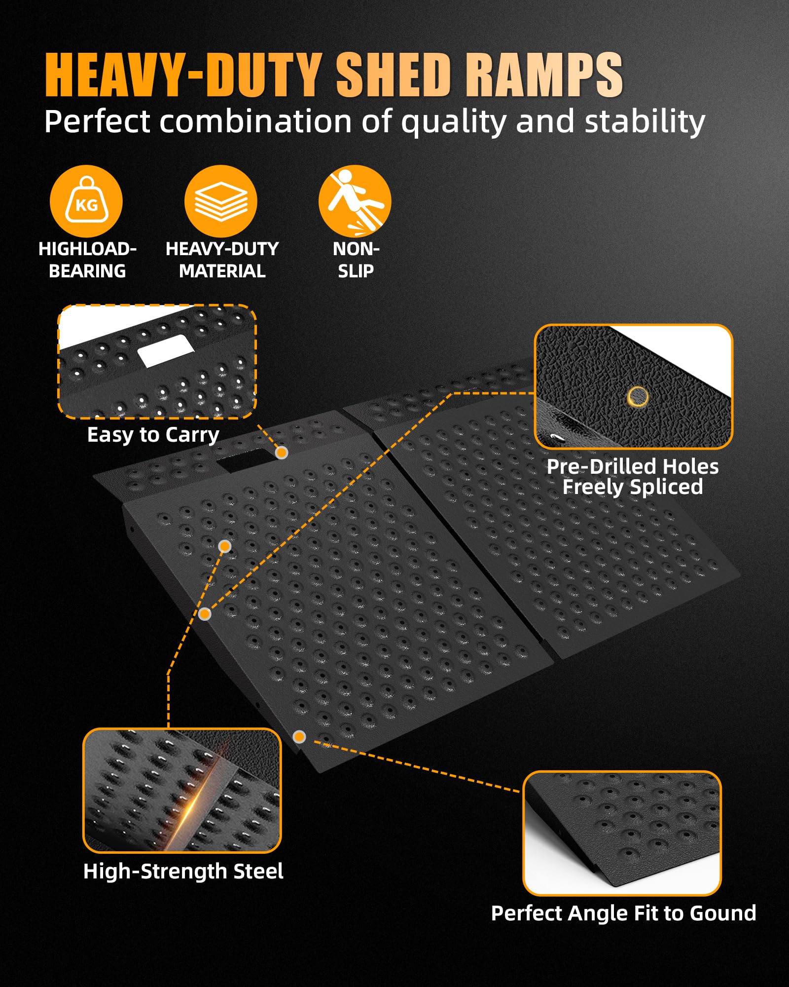 VNN 29" x 24" Shed Ramp for Riding Mower - 750 LB Capacity Shed Ramps, Anti-Slip Punch Plate Ramp for ATV, Motorcycles, Garages & Barns (1PC,Black, Alloy)