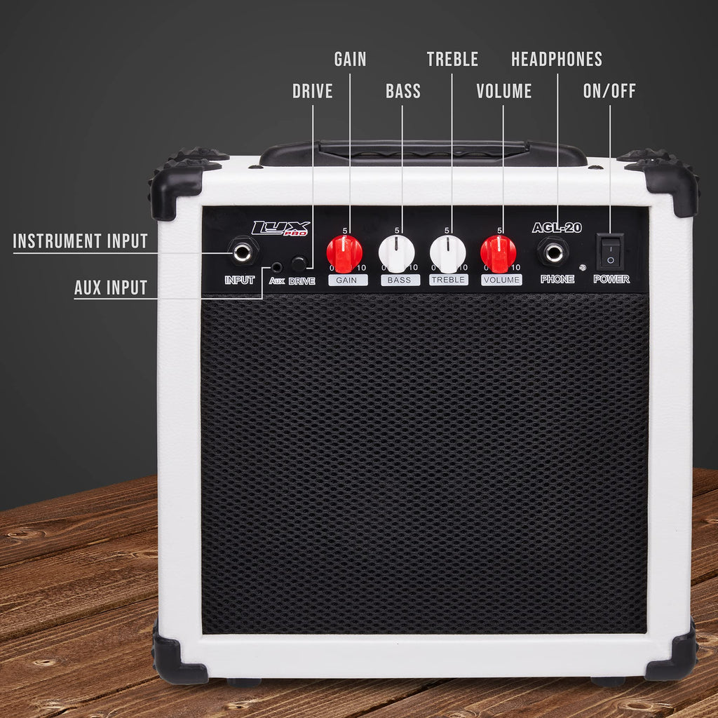 LyxPro Electric Guitar Amp 20 Watt Amplifier Built in Speaker Headphone Jack and Aux Input Includes Gain Bass Treble Volume and Grind - Black