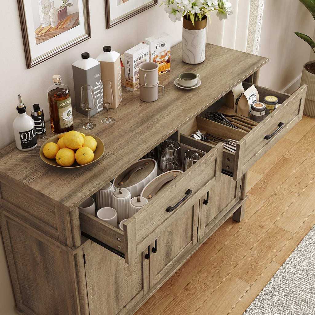 ONBRILL 48 Inches Buffet Cabinet with Storage, Farmhouse Sideboard Buffet w/2 Drawers and 3 Doors, Wood Coffee Bar Cabinet with Adjustable Shelves, Sideboard Storage for Kitchen, Living Room, Black