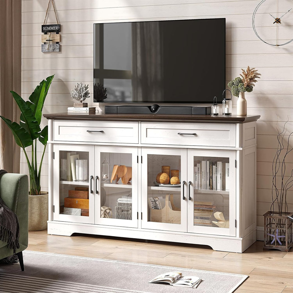 ONBRILL Buffet Cabinet with Storage, 60" Sideboard Cabinet with 4 Glass Doors and 2 Drawers, Modern Storage Console with Adjustable Shelves for Kitchen, Living Room, Off White