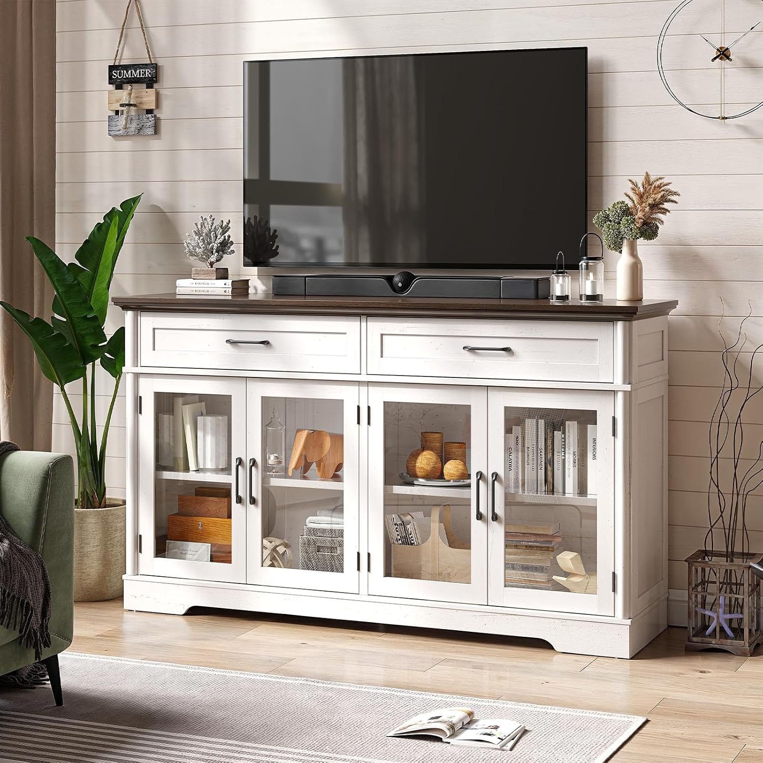 ONBRILL Buffet Cabinet with Storage, 60" Sideboard Cabinet with 4 Glass Doors and 2 Drawers, Modern Storage Console with Adjustable Shelves for Kitchen, Living Room, Off White