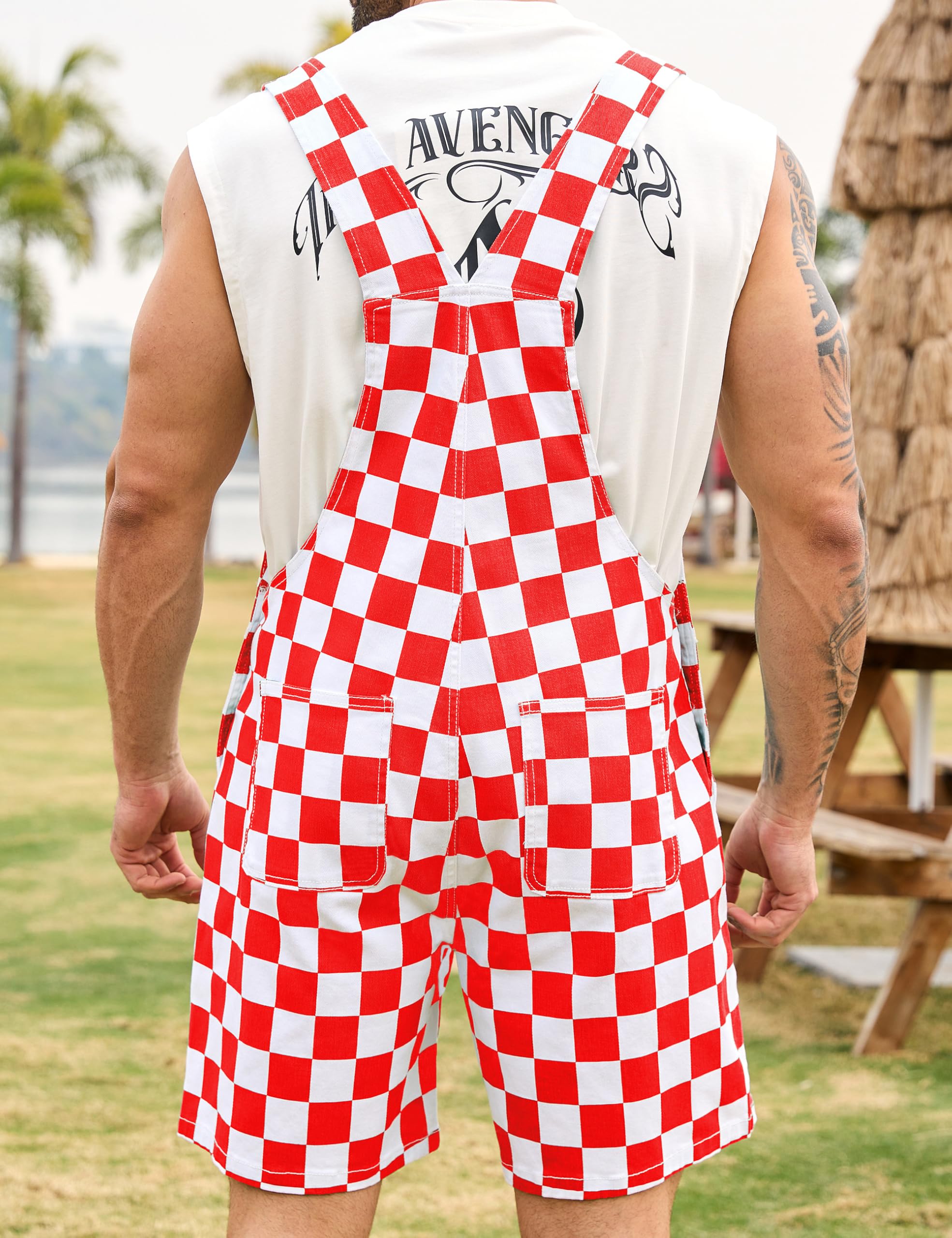 Odefou Checkered Bib Overalls for Men Jumpsuit Shorts Work Coveralls