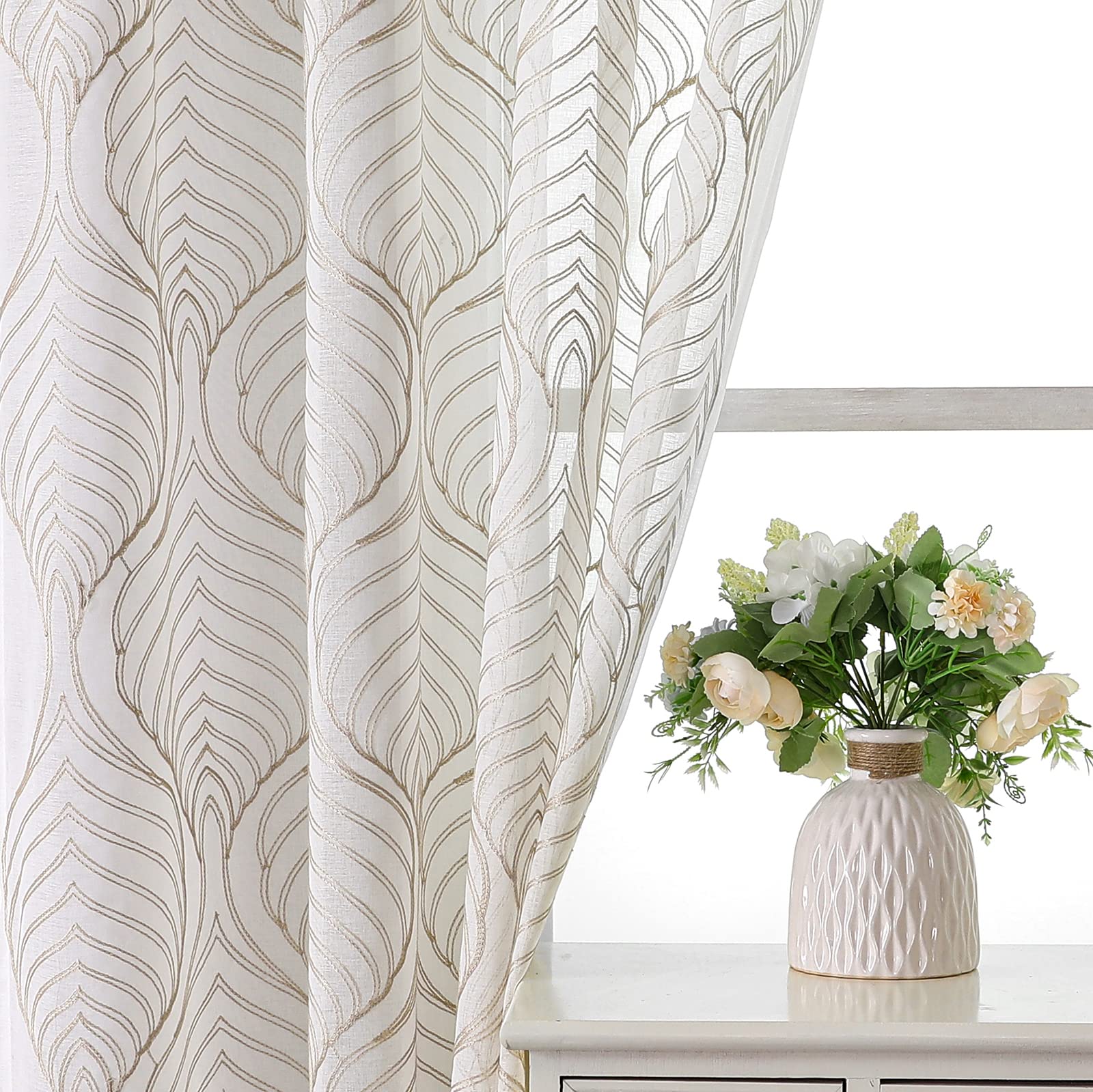 VISIONTEX Sheer Curtains 63 Inches Long 2 Panels Set, Beige and Ivory Moroccan Embroidery Texture Geometric Rod Pocket White Voile Tulle Semi Window Treatment Pair for Bedroom, W54 x L63