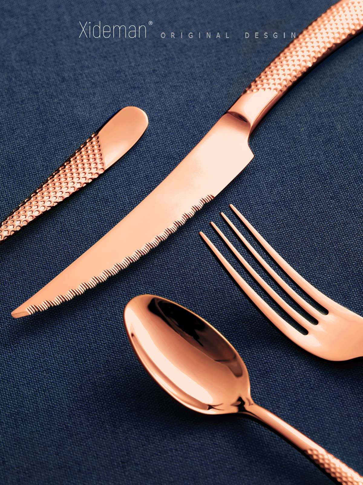 16-Piece Modern Black Hammered Silverware Set with Ultra Sharp 2-IN-1 Serrated Knives, 18/10 Stainless Steel Flatware Set, Titanium Plated Cutlery Set Service for 4, Dishwasher Safe