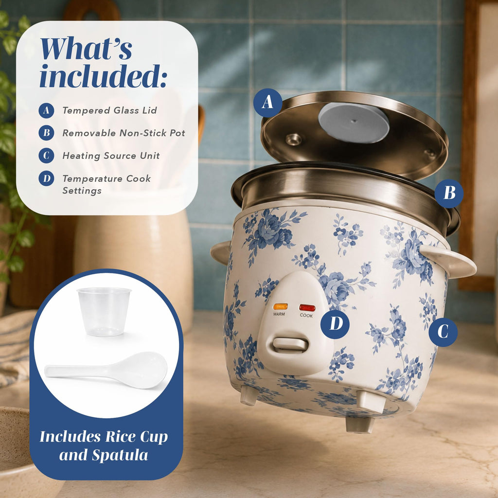 COOK WITH COLOR 6 Cup Rice Cooker 300W - Effortless Cooking and Perfectly, Cooks 3 Cups of Raw Rice for 6 Cups of Cooked Rice, Floral Blue