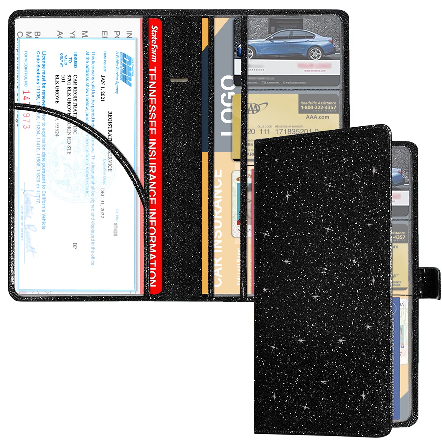 RSAquar Car Registration and Insurance Holder, Vehicle Glove Box Organizer Cool Car Accessories, Auto Truck Document Holder for Cards, Driver License, Black Glitter