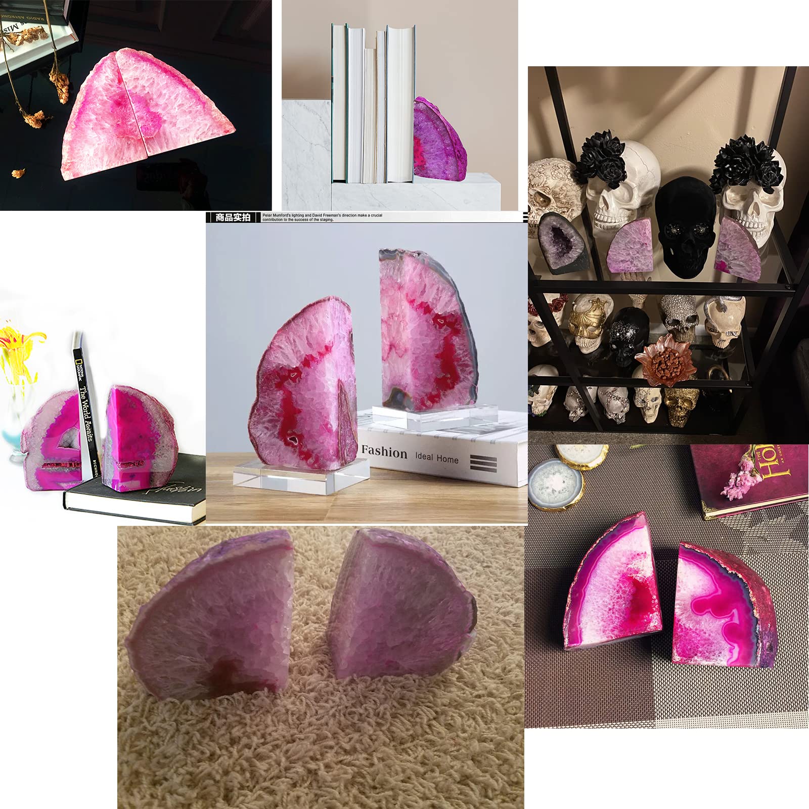 JIC Gem Black Agate Geode Bookends 2-3 Lbs Anti-Slip Rubber Pads Heavy Duty | 1Pair Natural Black Agate Crystal Decor for Shelves & Desk, Unique Small Stone Book Holder Gift for Office & Home Decoration